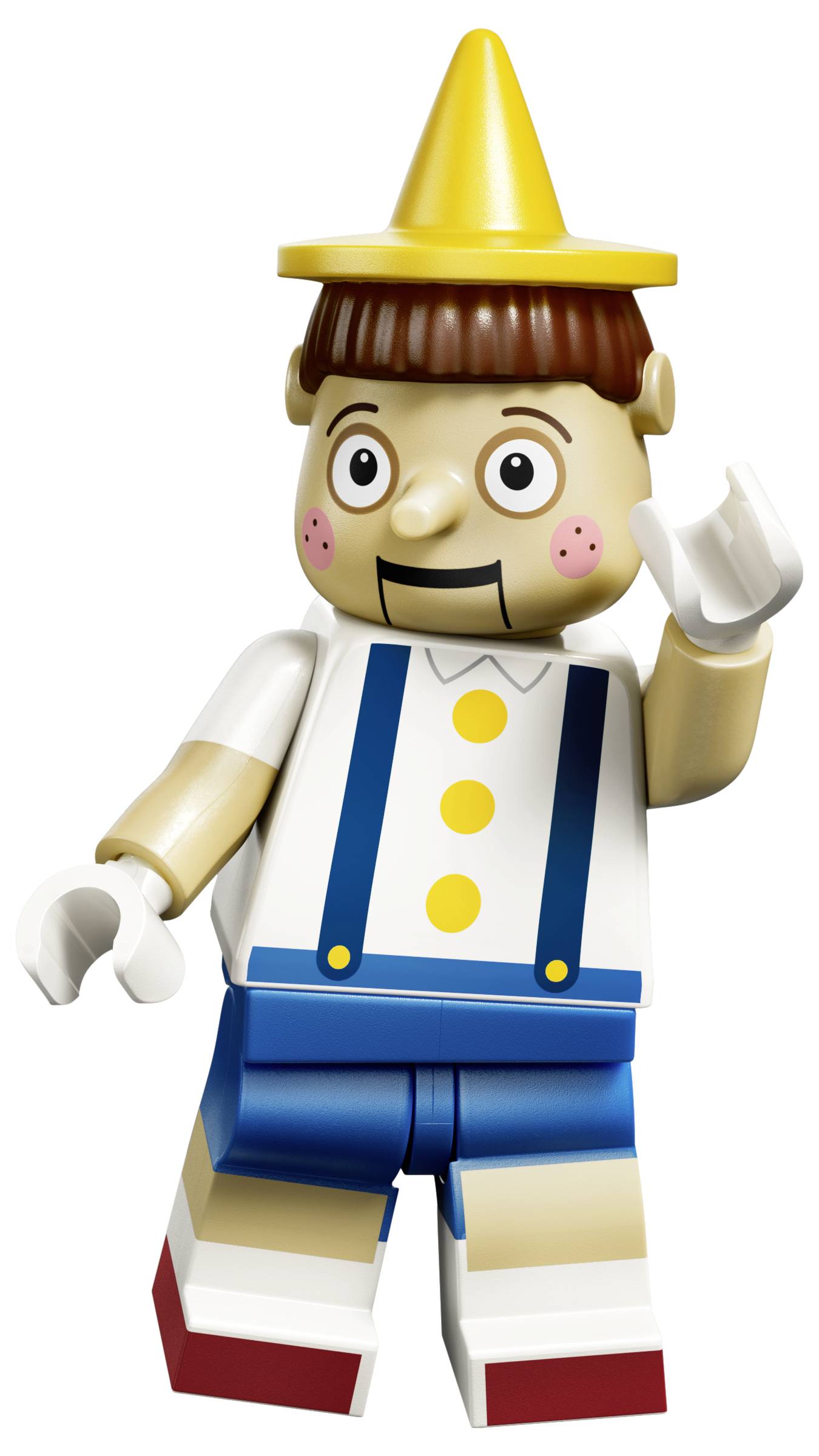 Spielzeug-ähnliche LEGO-Minifigur, die als Clown verkleidet ist, mit gelbem Hut, Gesichtsbemalung, blauen Hosenträgern und einer erhobenen Hand zum Winken.