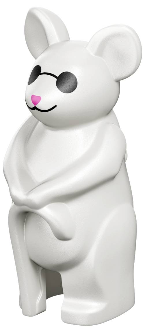 Weiße Cartoon-Bärfigur mit schwarzen Augen und rosa Nase, aufrecht stehend mit verschränkten Armen.