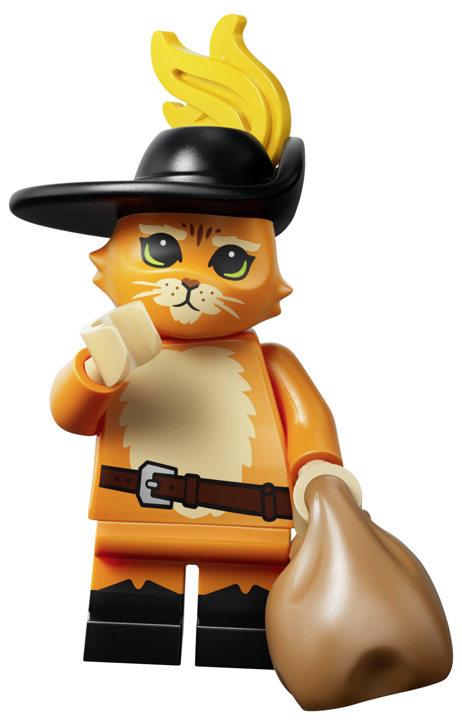 Spielzeug-Piraten-Katzenfigur mit schwarzem Hut und gelbem Federbusch, hält einen Sack in einer Hand und einen Becher in der anderen.
