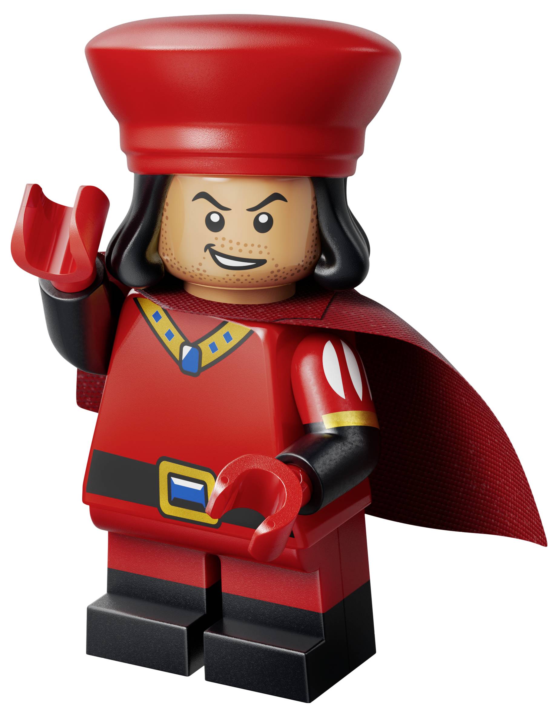 Rote LEGO-ähnliche Minifigur in einem roten Hut und Umhang, lächelnd und in einer Pose mit erhobenen Händen.