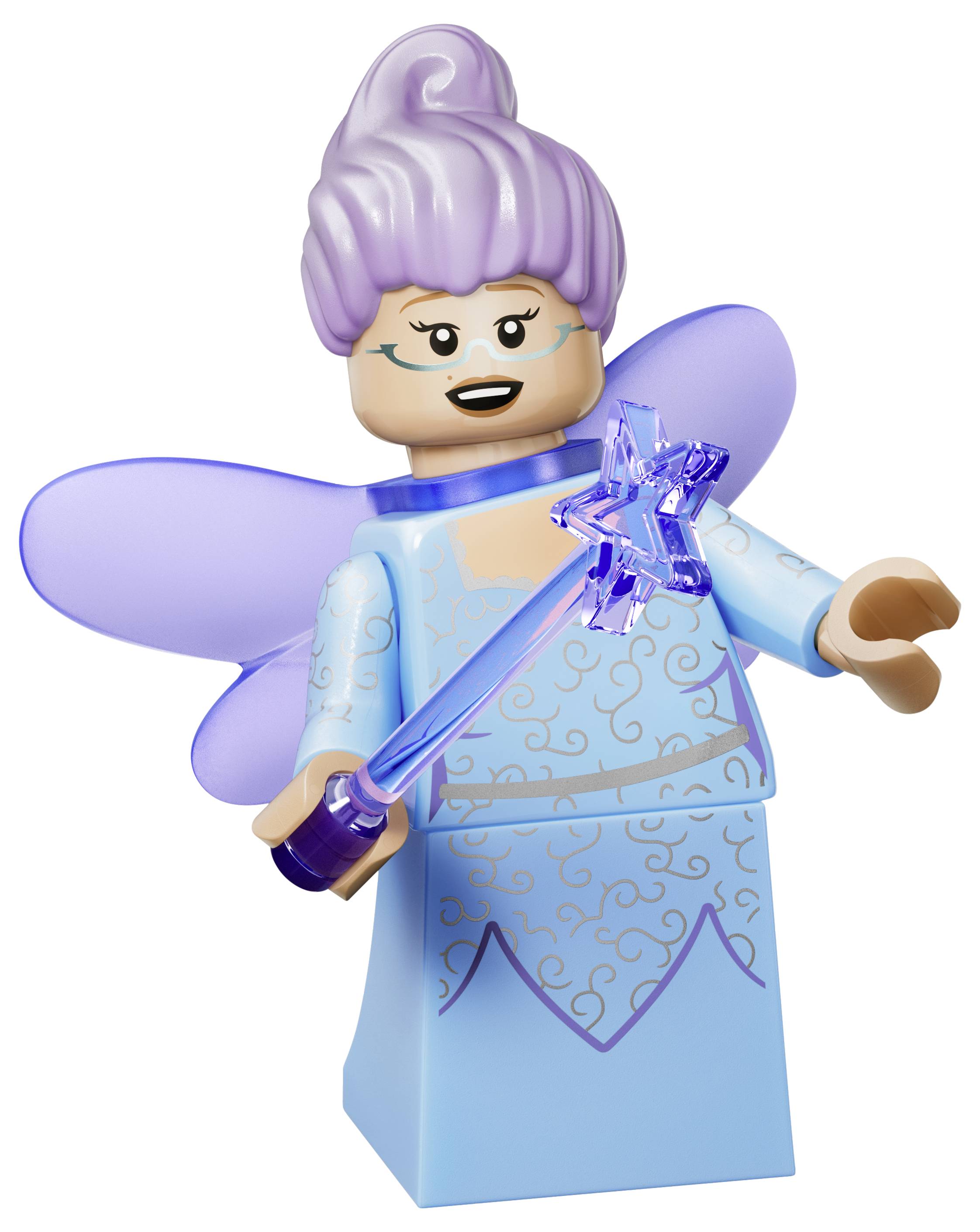 Spielzeug-Fee-Minifigur mit violettem Haar, blauem Kleid, durchsichtigen Flügeln und einem Zauberstab mit Spitzenstern auf weißem Hintergrund.