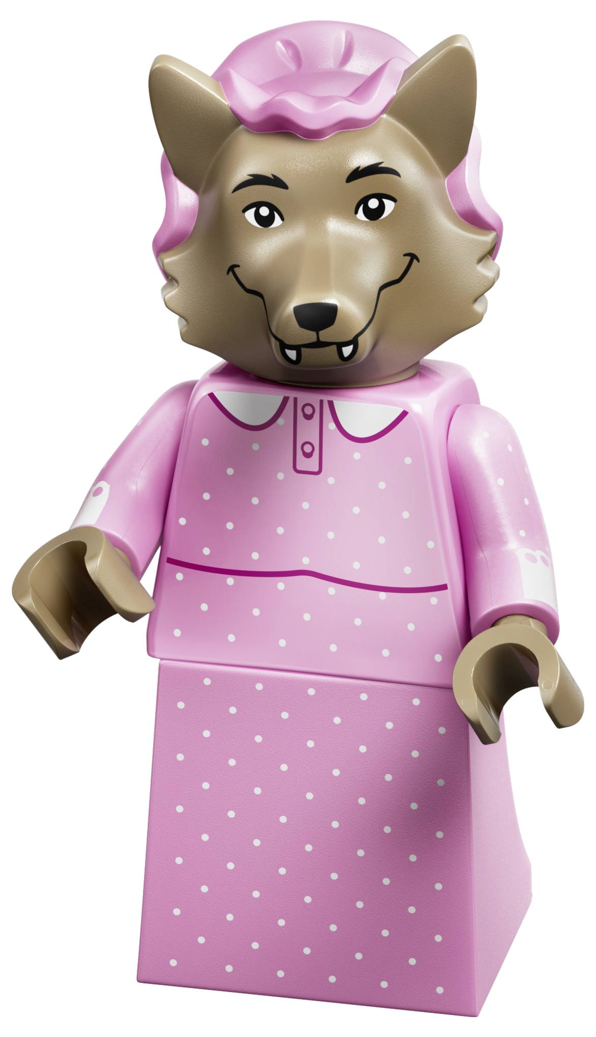 Rosa LEGO-ähnliche Wolfsfigur mit lächelndem Gesicht, das ein rosa Kleid mit weißen Punkten trägt und rosa Haare hat.