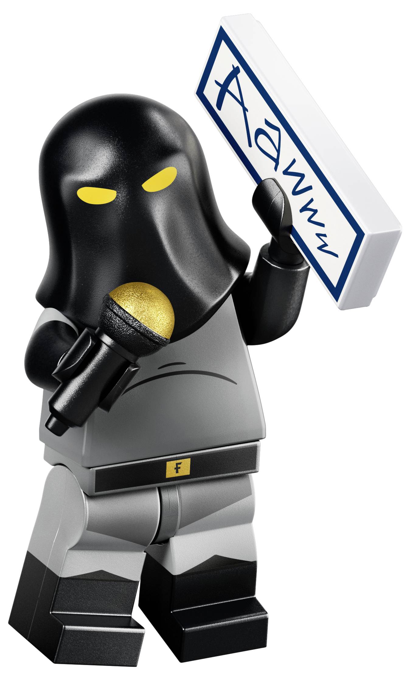 LEGO-ähnliche maskierte Figur, die ein Mikrofon und ein Schild mit der Aufschrift 