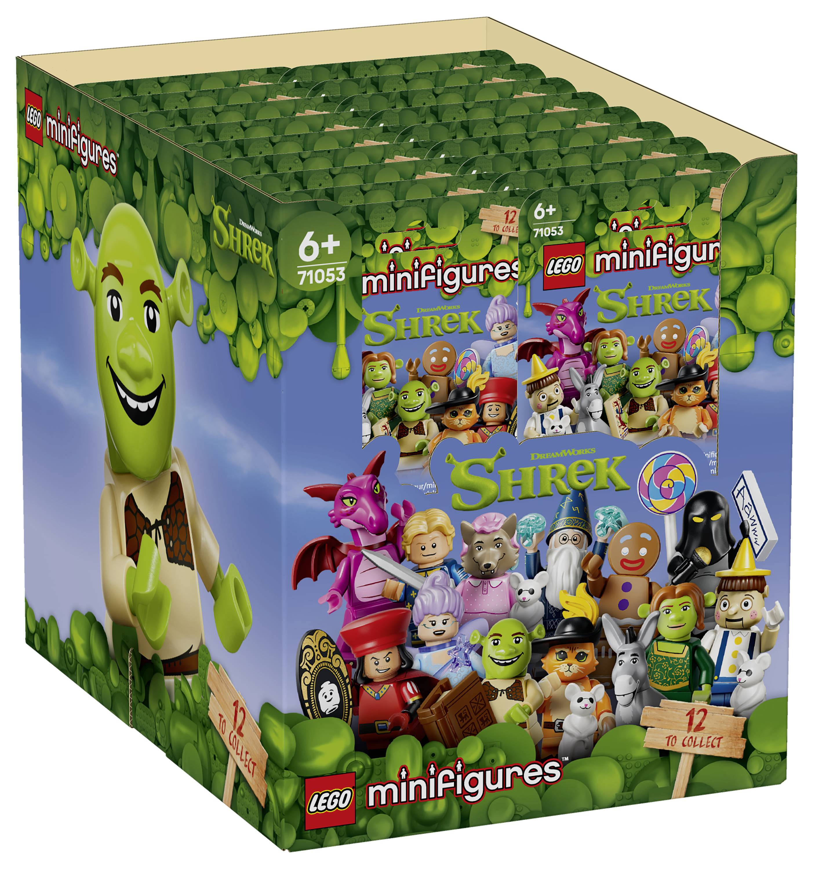 Box mit LEGO Minifiguren Shrek Serie 71053, zeigt Shrek, Esel, Fiona und weitere Charaktere, gekennzeichnet mit 6+ und 12 zum Sammeln.
