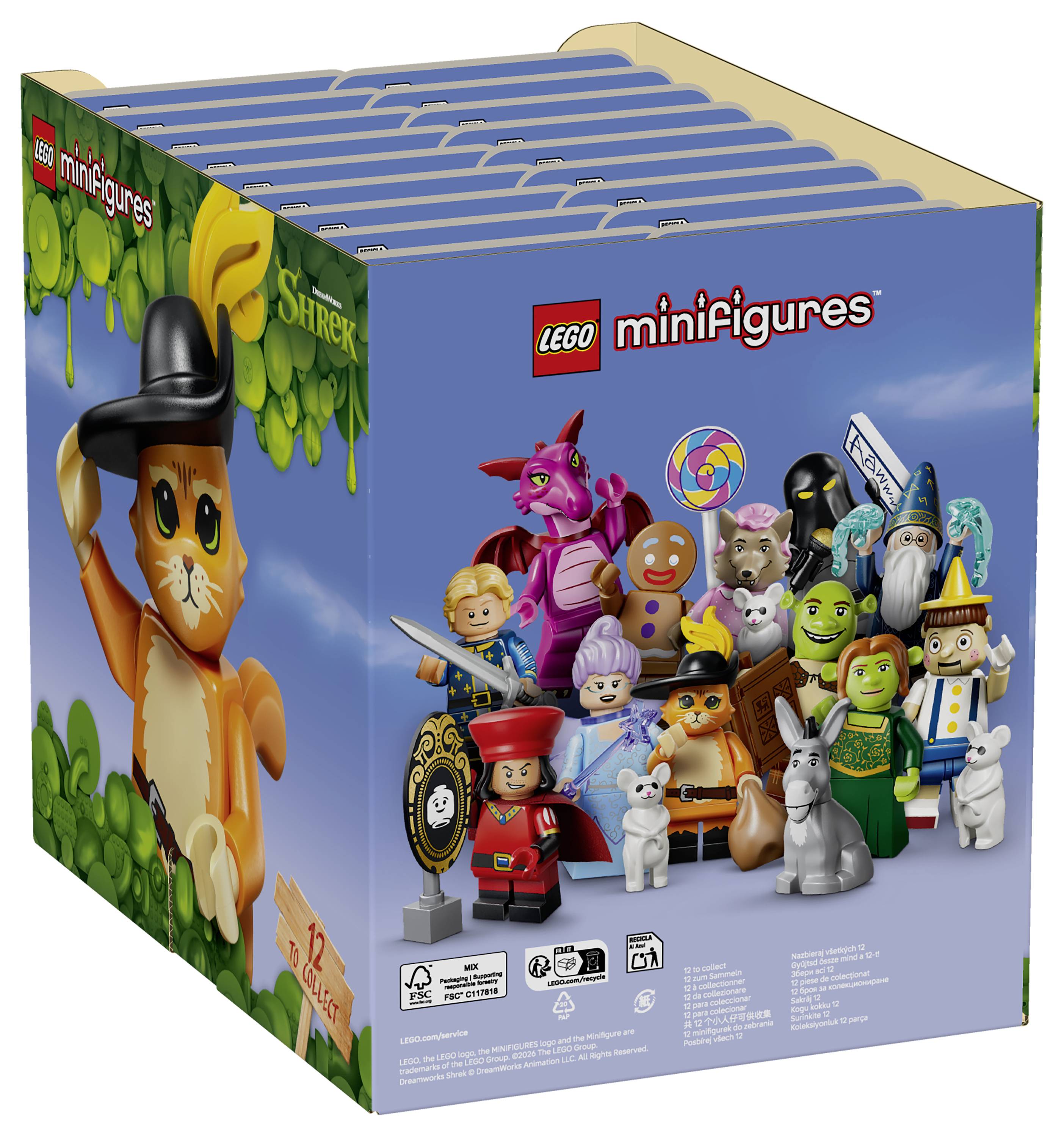 LEGO Minifiguren Shrek-Themenbox mit Displayverpackung auf der Vorderseite, die mehrere Charakter-Minifiguren zeigt, darunter Shrek, Esel, Fiona und der Lebkuchenmann.