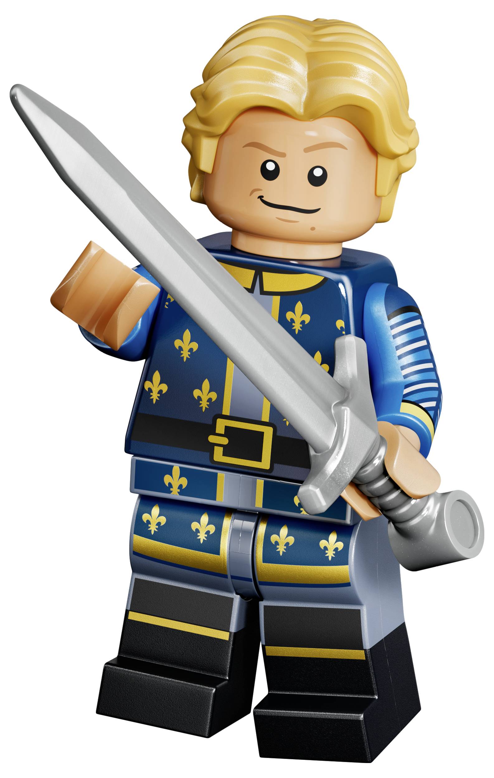 Lego-ähnliche Ritterminifigur in blau-goldener Rüstung, die ein großes silbernes Schwert hält.