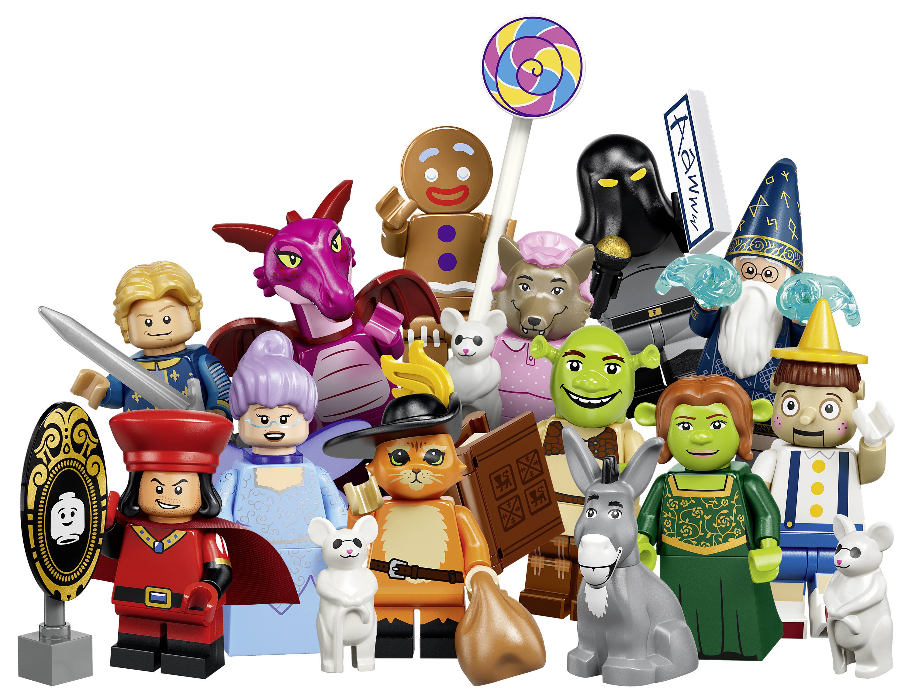 Eine Gruppe von LEGO-ähnlichen Fantasy-Minifiguren und Tieren posiert zusammen, darunter ein Zauberer, Märchenfiguren, ein Drache, ein Kobold, ein Hase, ein Esel und ein Lebkuchenmann.