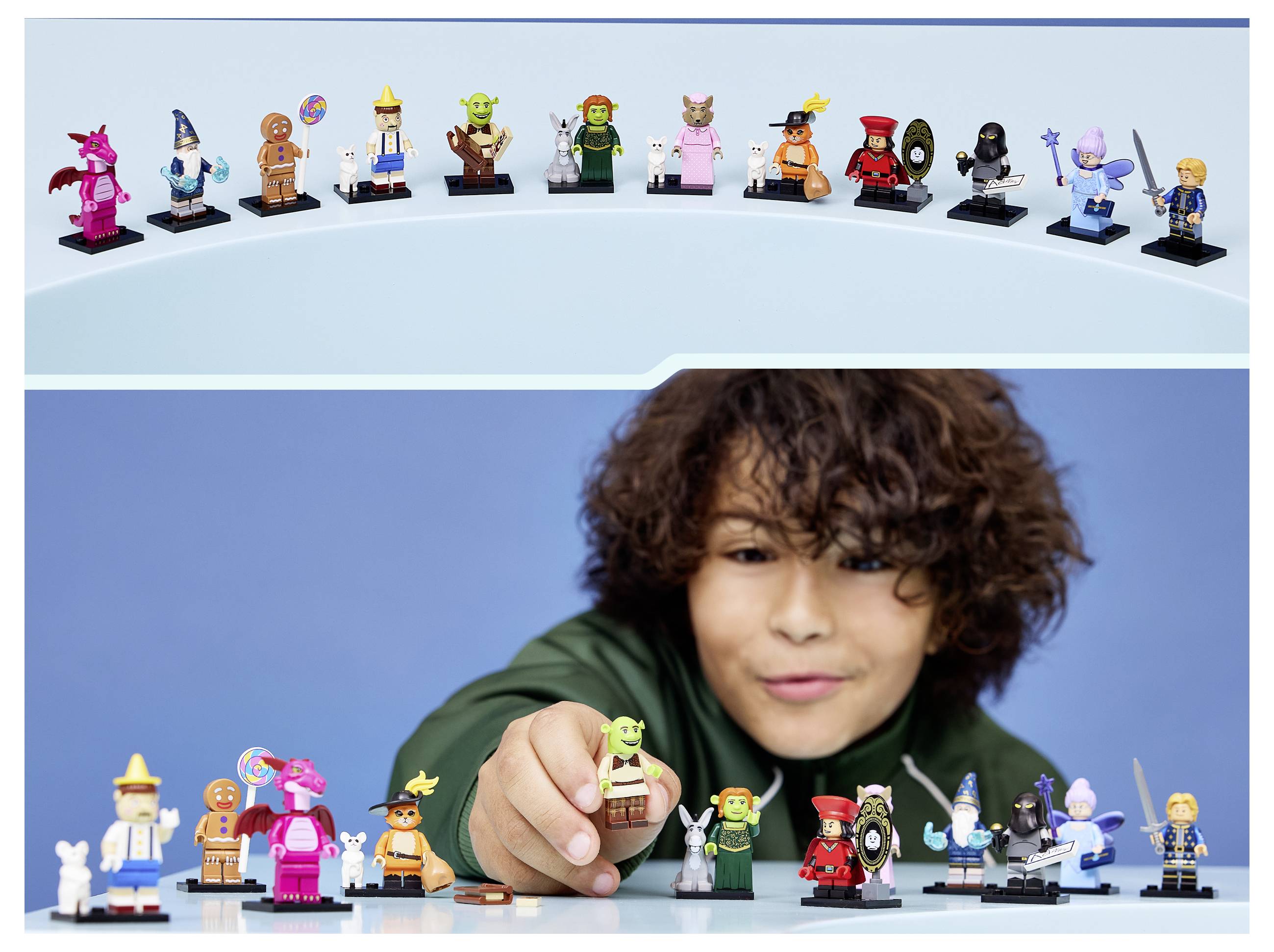 Kind in grünem Kapuzenpulli greift nach einer Reihe bunter LEGO-Minifiguren, mit weiteren Figürchen, die oben und unten im Bild angezeigt werden.
