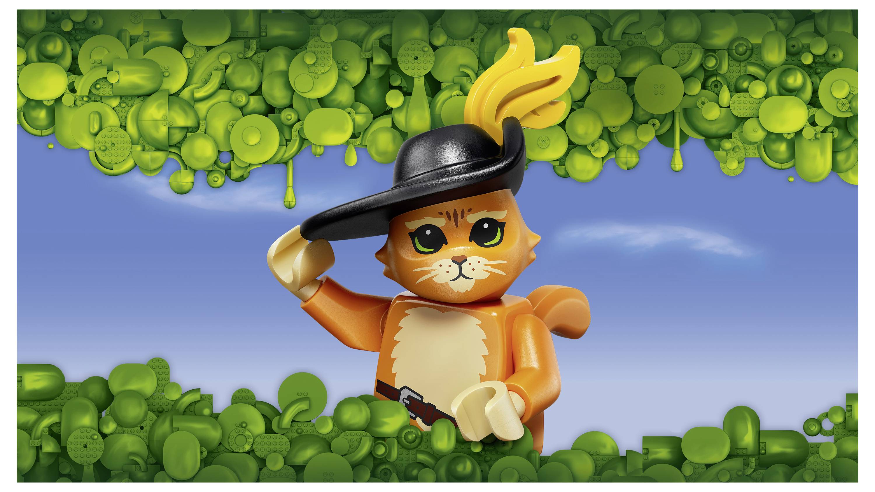 Cartoon-Orangenkatze in schwarzem Hut und Umhang, die salutiert, umrahmt von grünem Laub vor blauem Himmel.