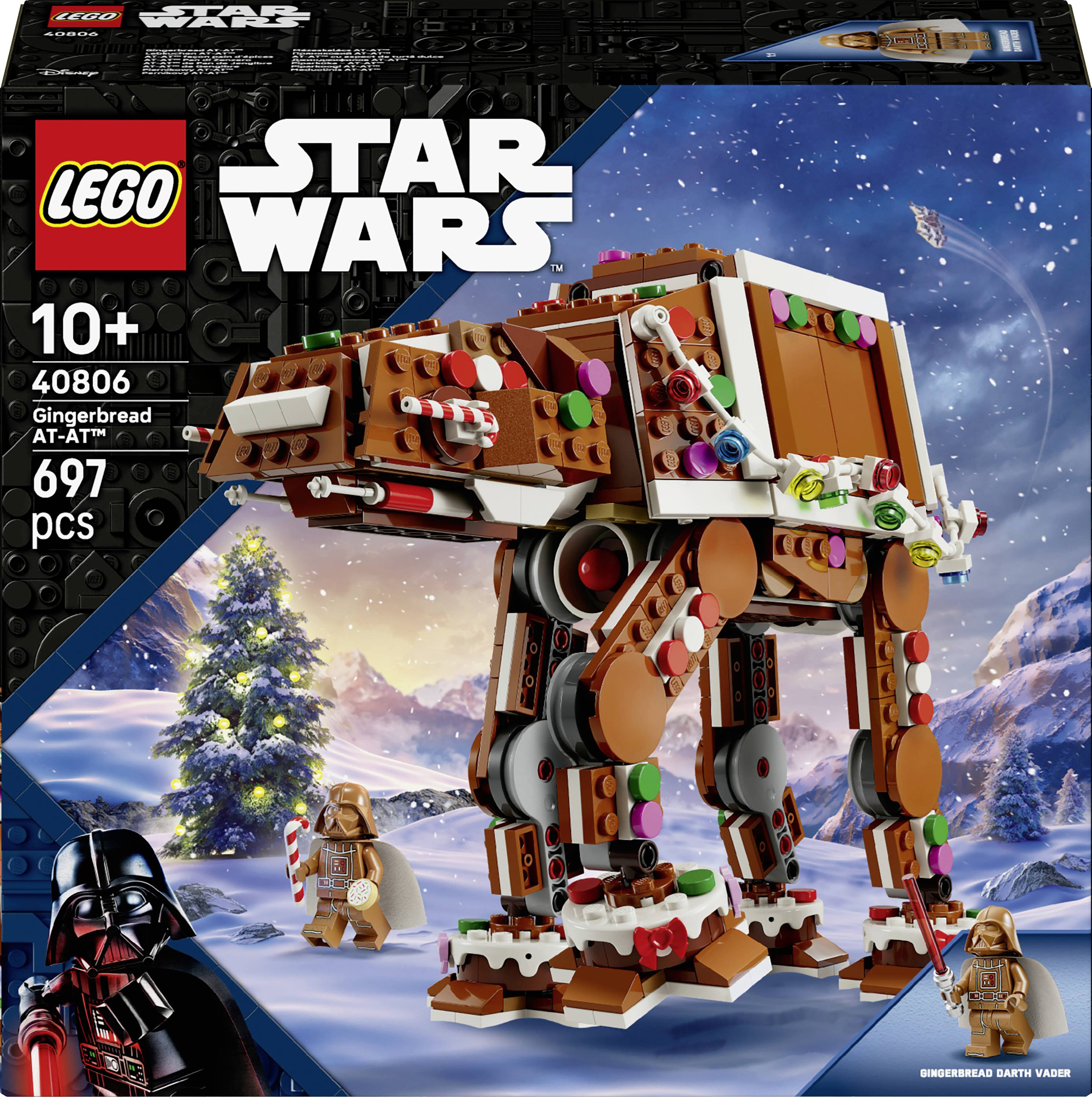 LEGO Star Wars Lebkuchen AT-AT Karton-Kunstwerk zeigt einen keksgestalteten Laufer, Darth Vader und eine winterliche Feiertagsszene; 10+, 697 teile.