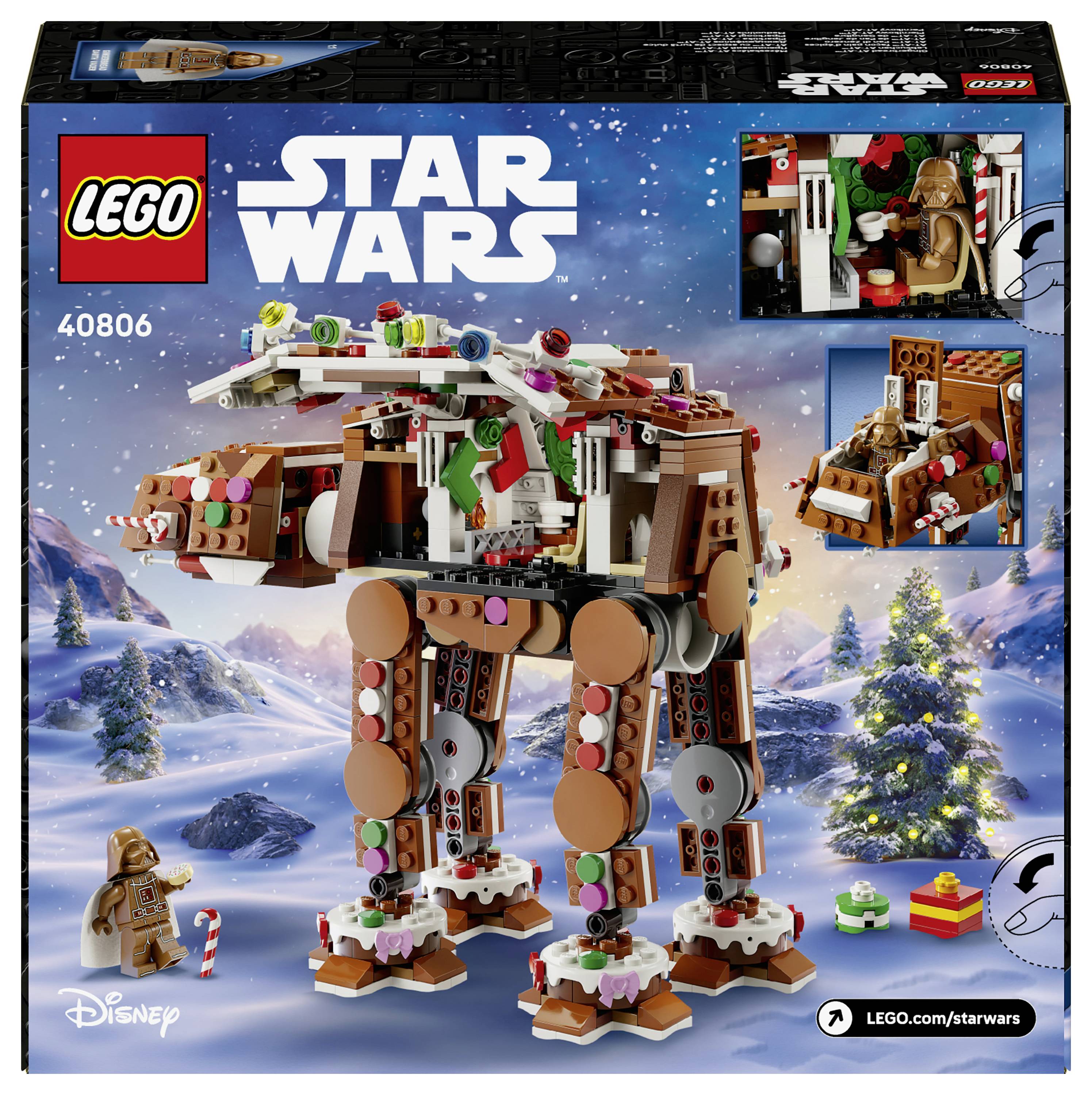 LEGO Star Wars 40806 Adventskalender-Schachteldesign zeigt ein aus Steinen gebautes AT-AT in einer verschneiten Szene mit kleinen Feiertagsbauwerken und Figurenoffenbarungen.