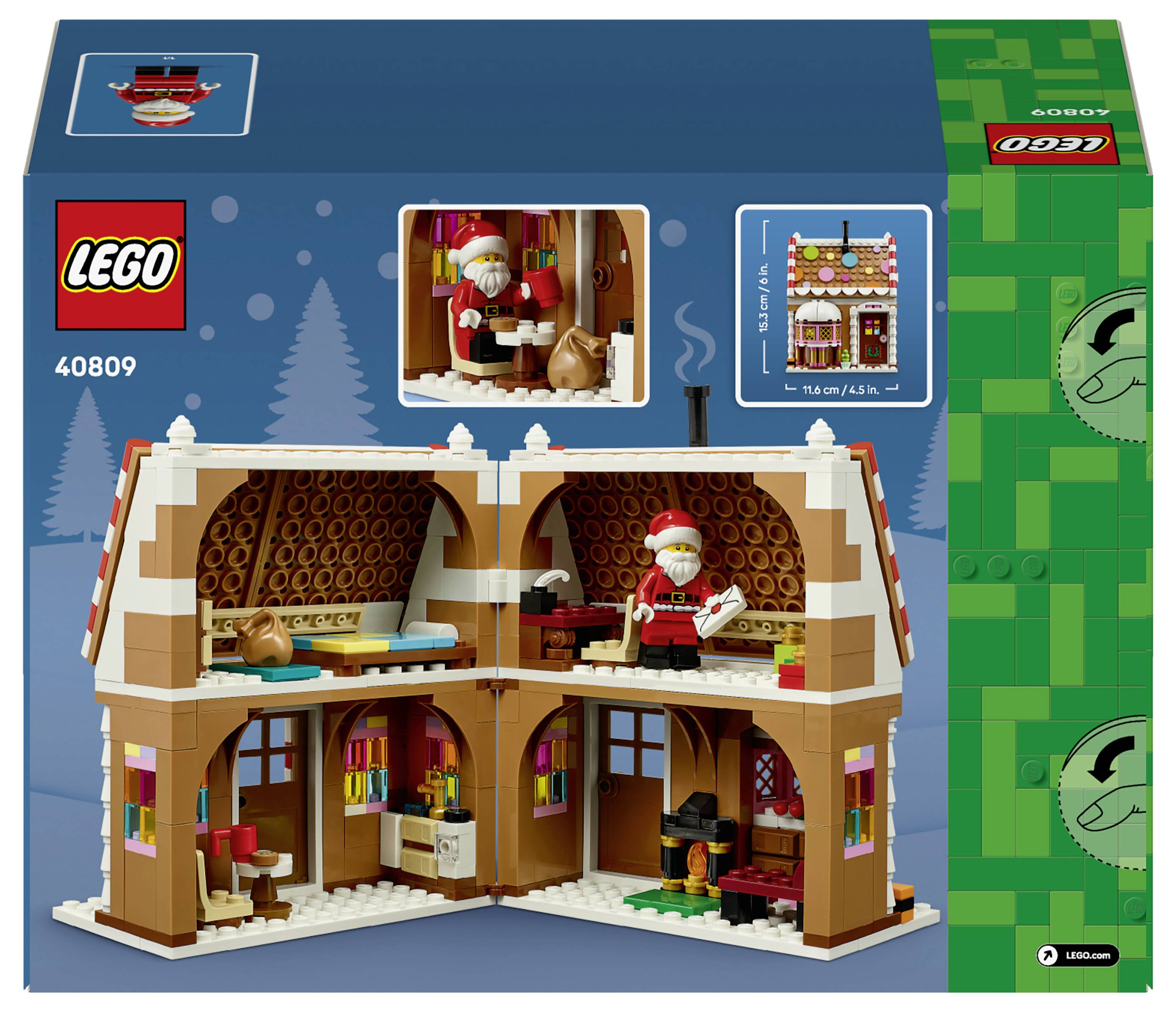 LEGO-Karton mit einem winterlich gestalteten Hausbau mit Santa-Minifigur und Innenräumen; Set 40809.
