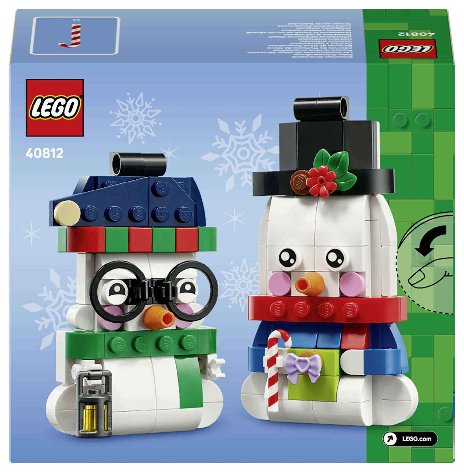 LEGO 40812 Produktbild zeigt zwei Schneemännchen aus LEGO-Steinen, eines mit Brille und Laterne, das andere mit Zylinder und Schal.