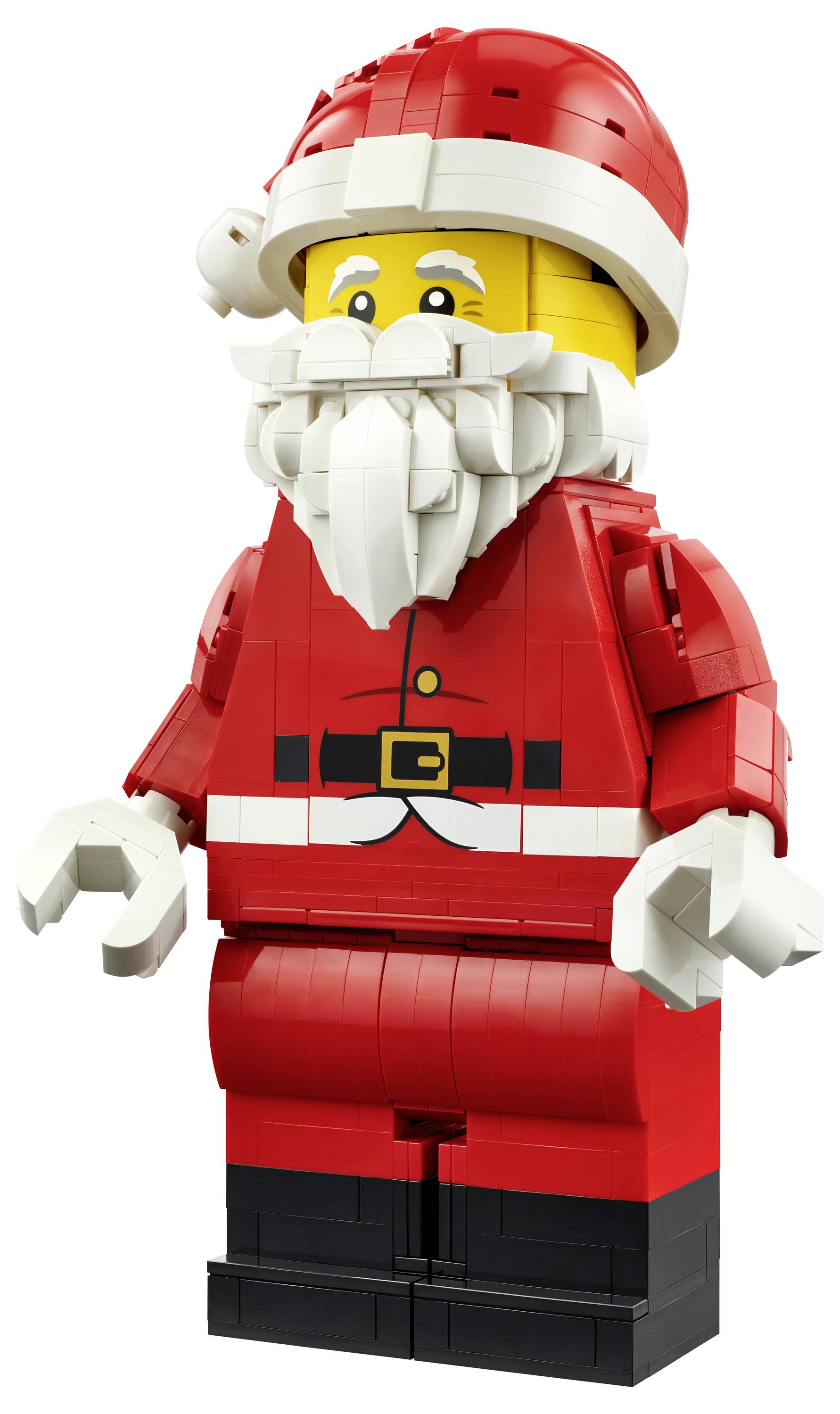 LEGO-Weihnachtsmannfigur in rotem Anzug und Mütze mit weißem Bart, stehend auf einfachem Hintergrund.
