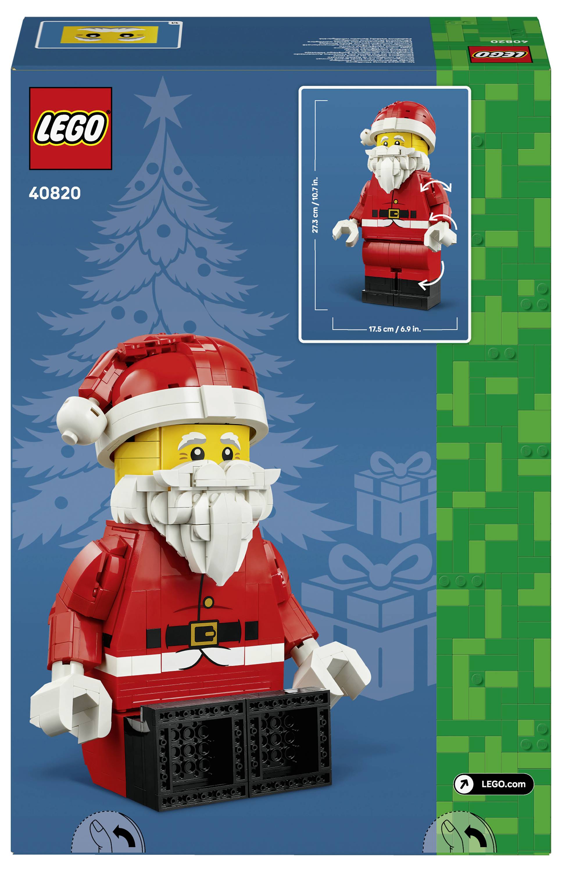LEGO Weihnachtsmann-Set 40820 Schachtelgrafik, die eine aus Steinen gebaute Weihnachtsmann-Minifigur mit rotem Anzug, weißem Bart und Geschenkkarton-Sockel zeigt.