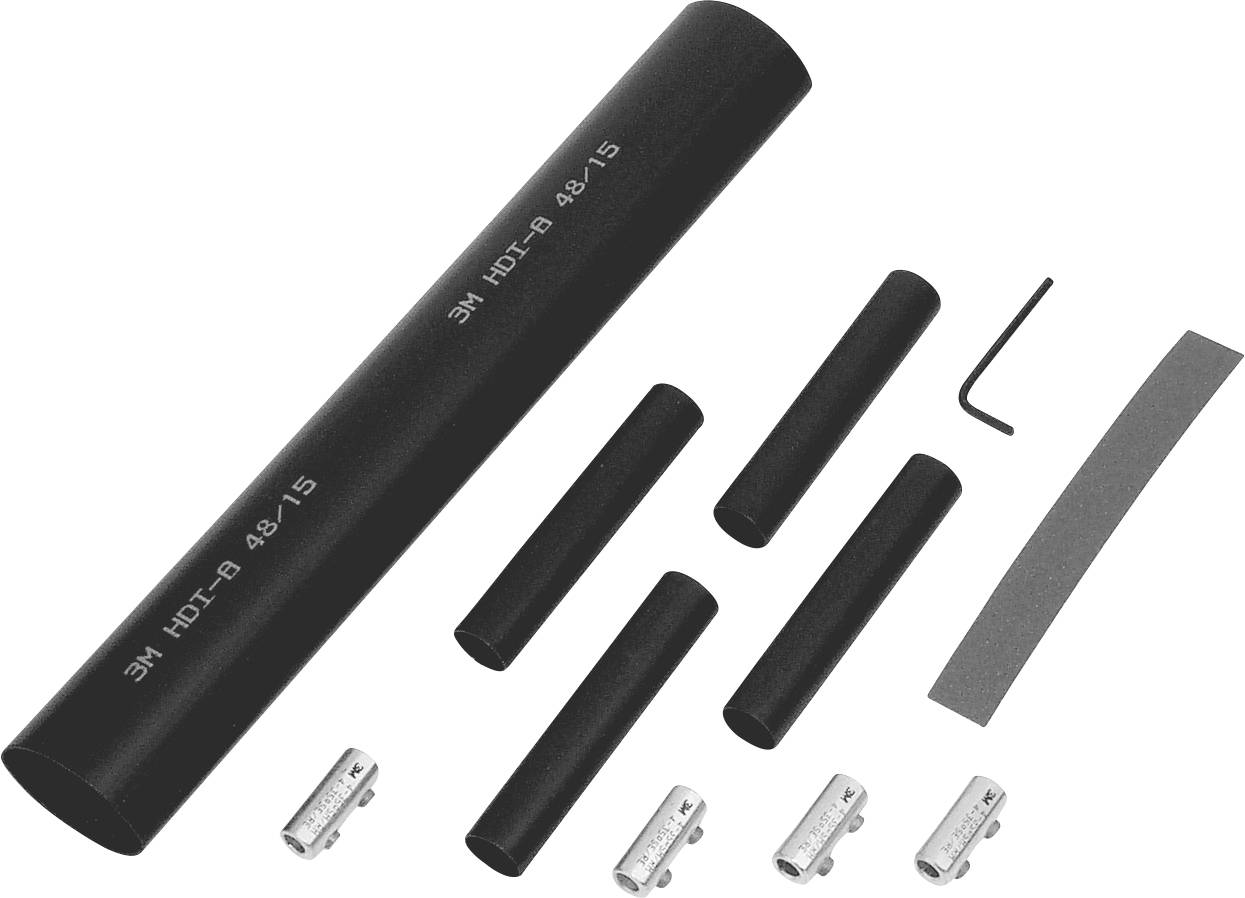 Assorted black heat-shrink tubing sizes with metal connectors and an L-shaped tool, laid out on a white background.