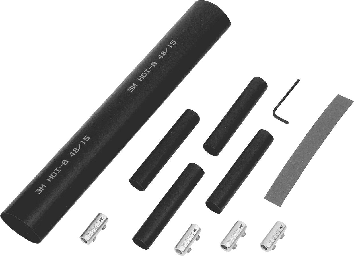 Assorted black heat-shrink tubing and small metal connectors with a hex key, shown as an electrical cable repair kit.