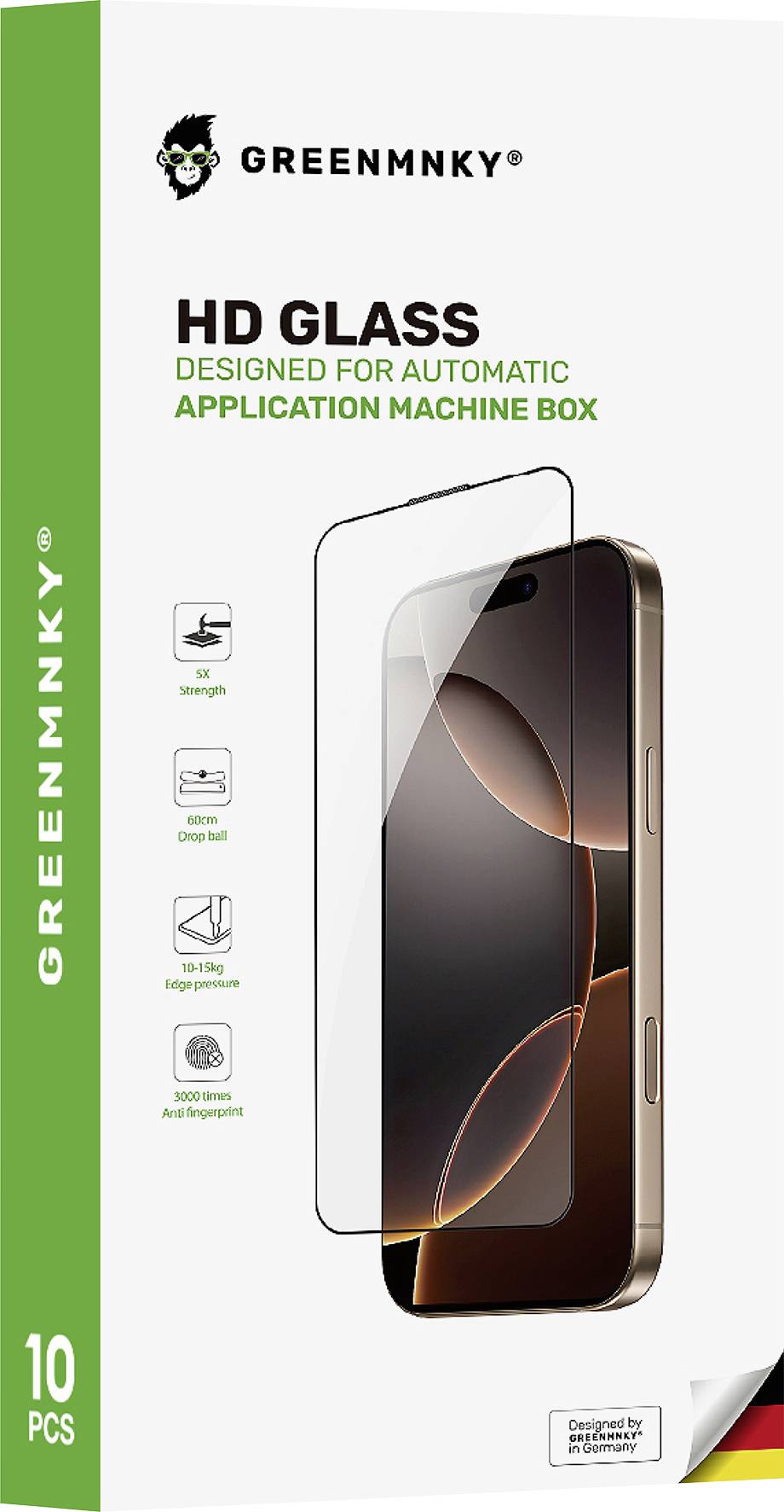 GreenMnky HD Glasbildschirmschutz-Verpackung für automatische Applikationsmaschine, zeigt ein Telefon mit einem klaren Glassschutz und „10 STÜCK