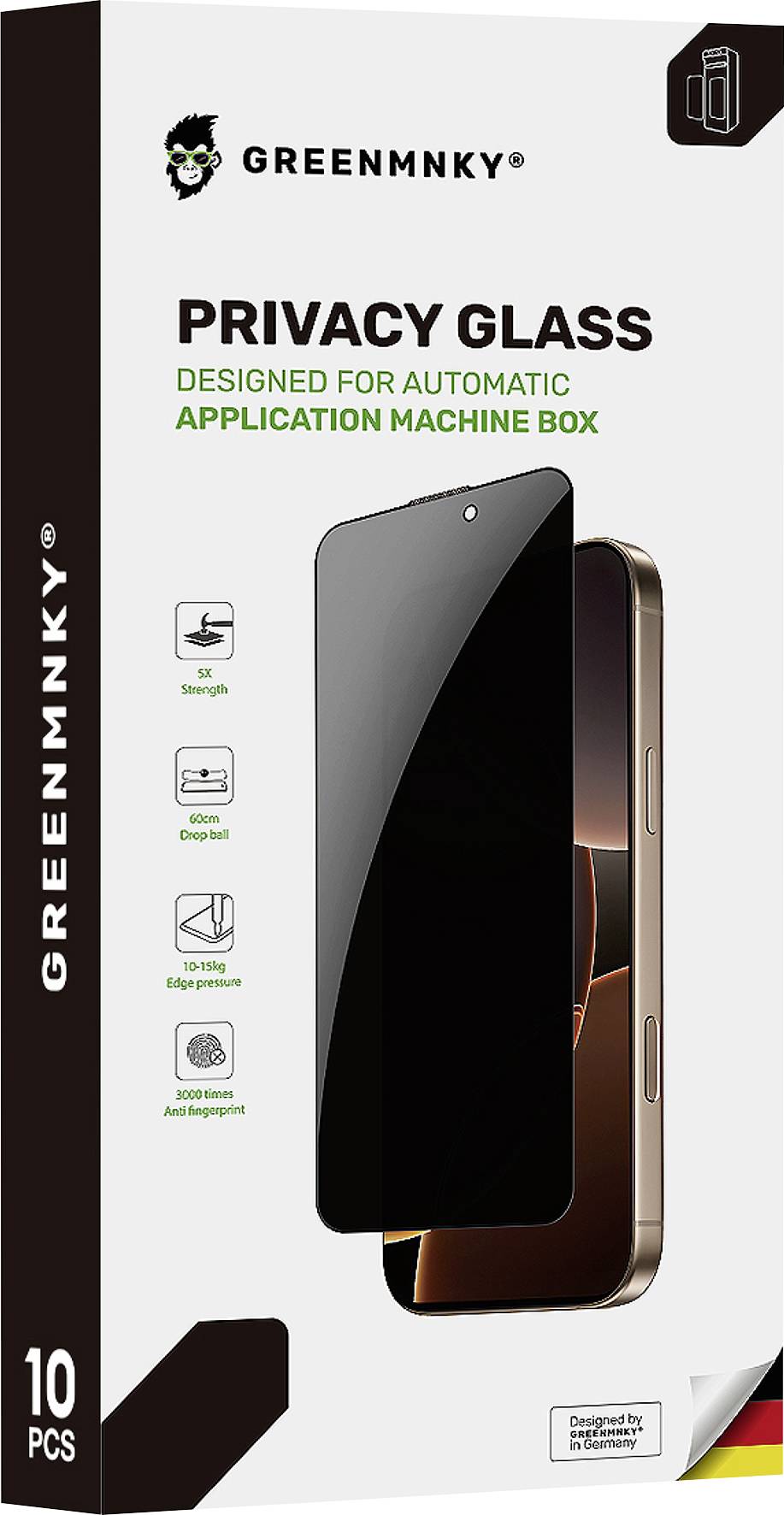 Verpackung für GREENMNKY Datenschutz-Glasschutzfolien, 10 Stück, konzipiert für Automatik-Anwendungsmaschinen-Box; zeigt Telefonbildschirmschutzfolie mit Anti-Glare-, Fallschutz- und 3D-Kanten-Abdeckungssymbolen.