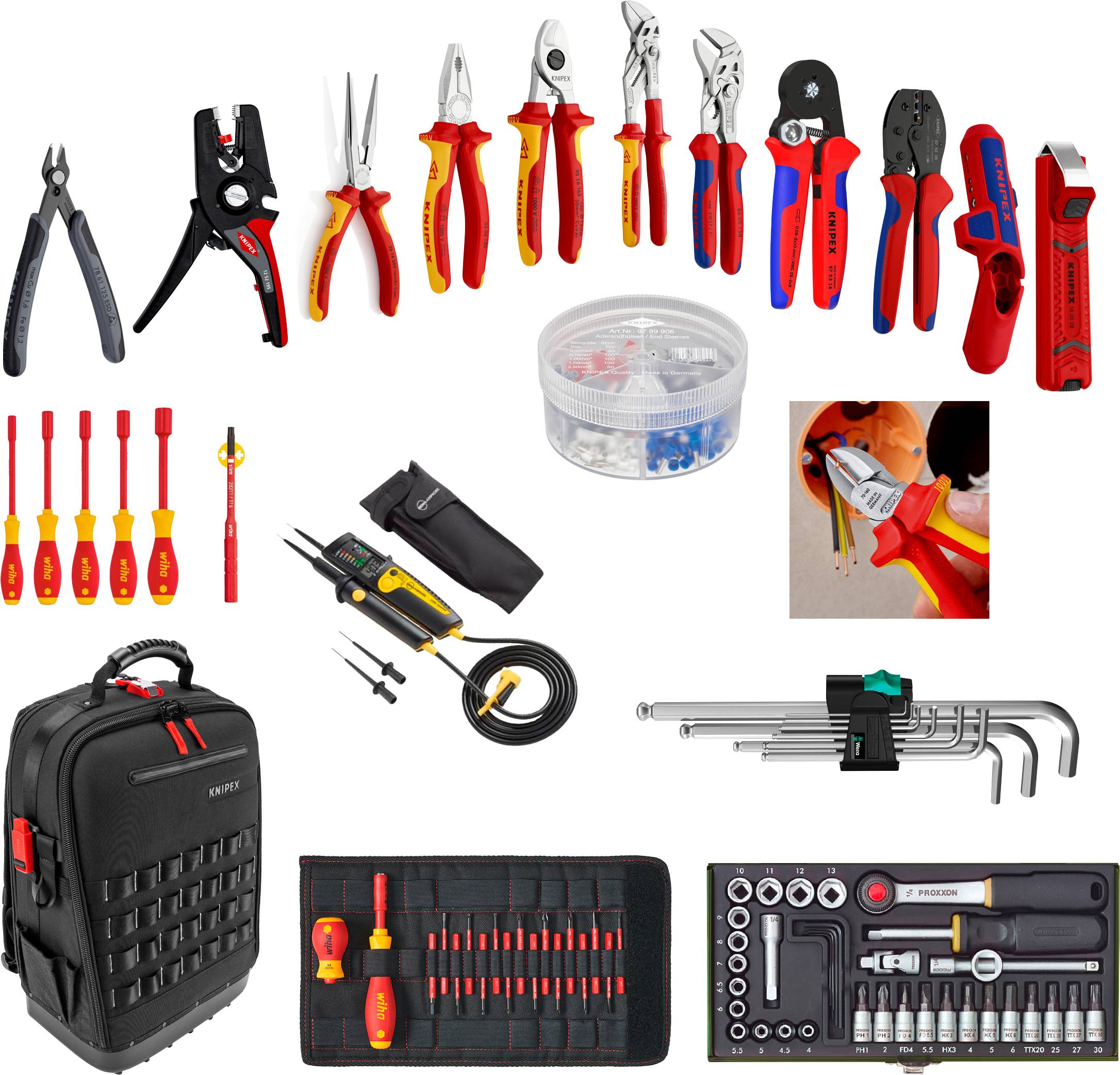 Sortierte Elektrikerwerkzeuge und Zubehör, darunter Zangen, Abisolierwerkzeuge, Schraubenzieher, ein Spannungsprüfer, Innensechskantschlüssel, Steckdosen, Bits, eine Werkzeugtasche und ein Werkzeugkofferset.