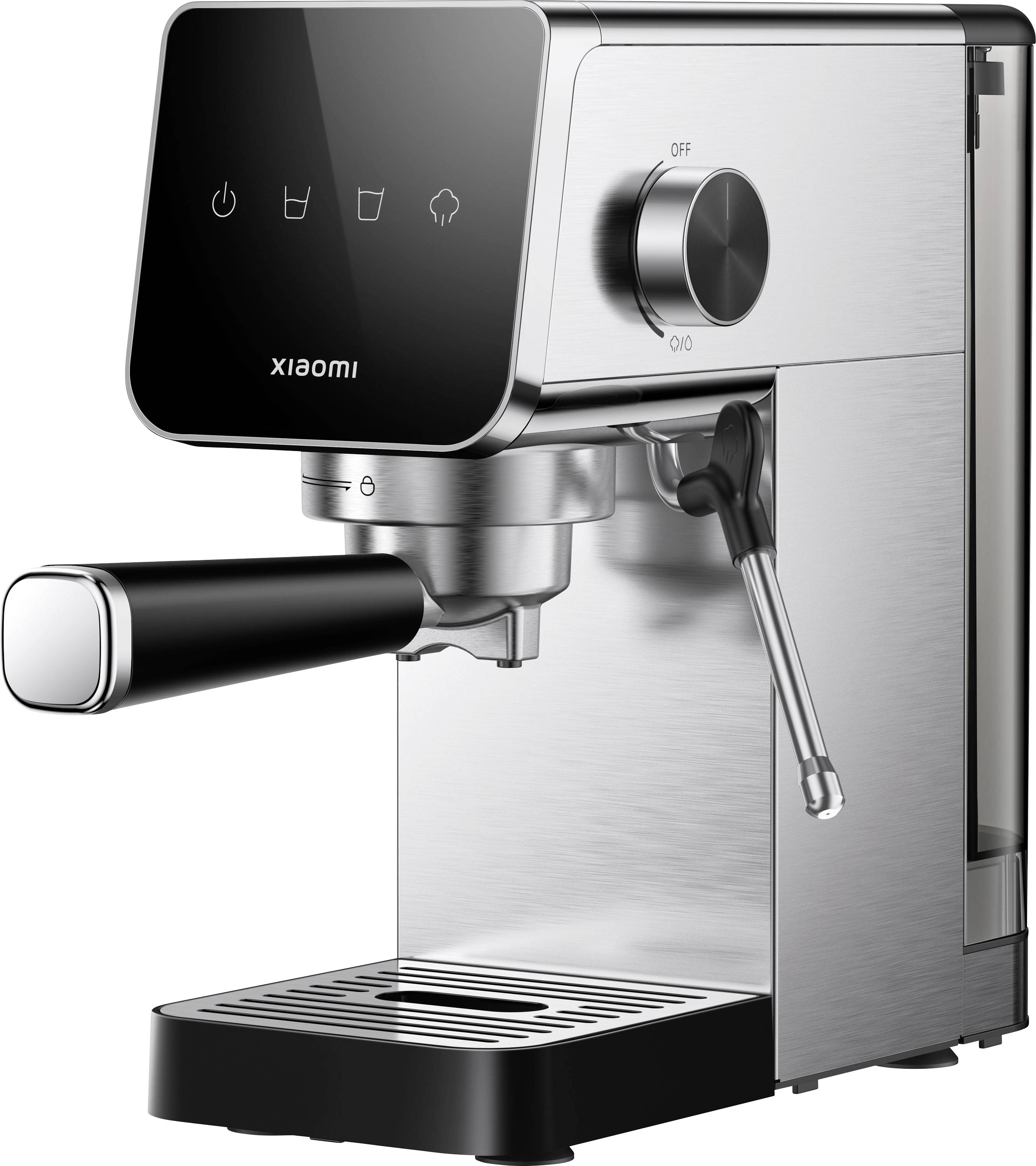 Xiaomi Espressomaschine mit Filterträgergriff, Dampflanze, Tropfschale und vorderer Bedienplatte
