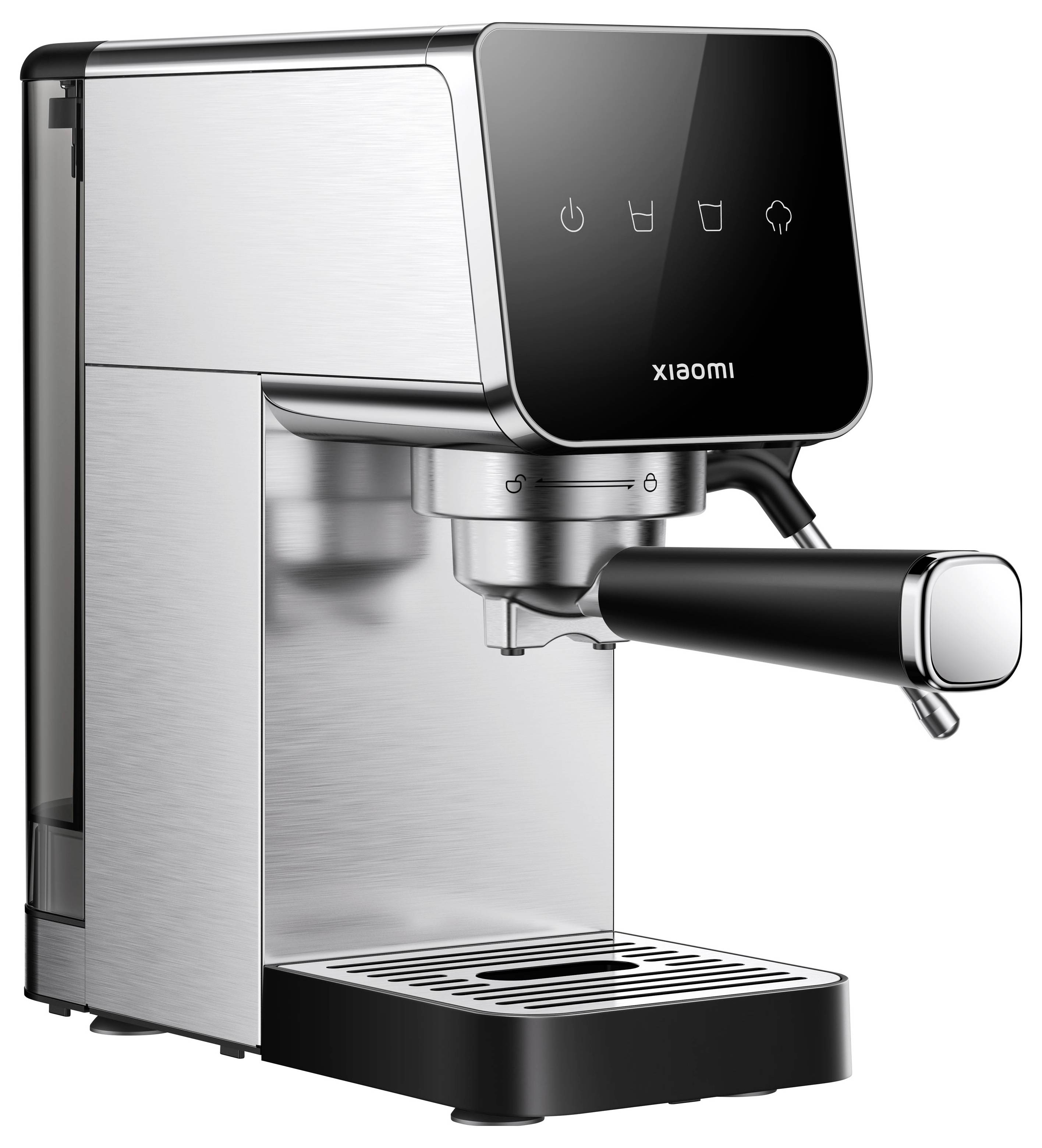 Edelstahl-Espressomaschine von Xiaomi mit schwarzem Bedienfeld, Siebträgergriff und Abtropfschale, gezeigt auf weißem Hintergrund.