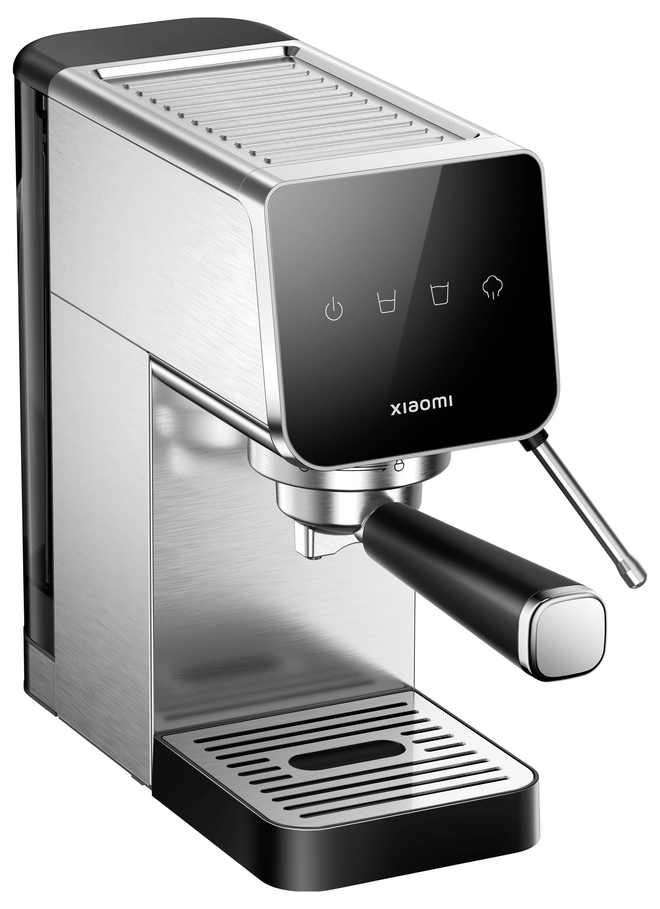 Xiaomi Espressomaschine für die Arbeitsplatte mit Siebträger, Tropfblech und Touchbedienelemente an der Vorderseite auf einem Edelstahlgehäuse.