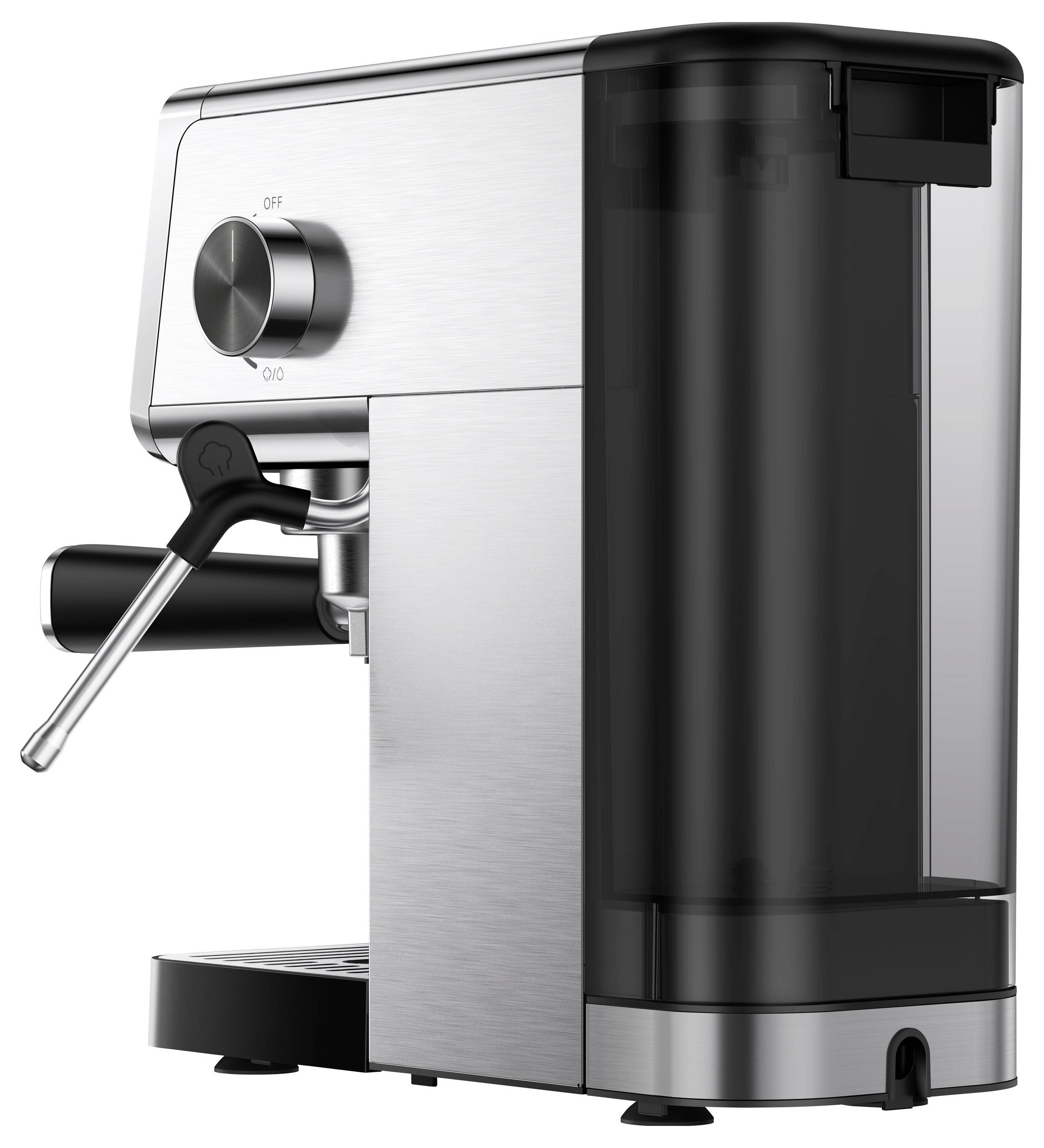 Espressomaschine aus Edelstahl mit schwarzem Wassertank, Siebträger, Dampfdüse und Tropfschale für Tassen.