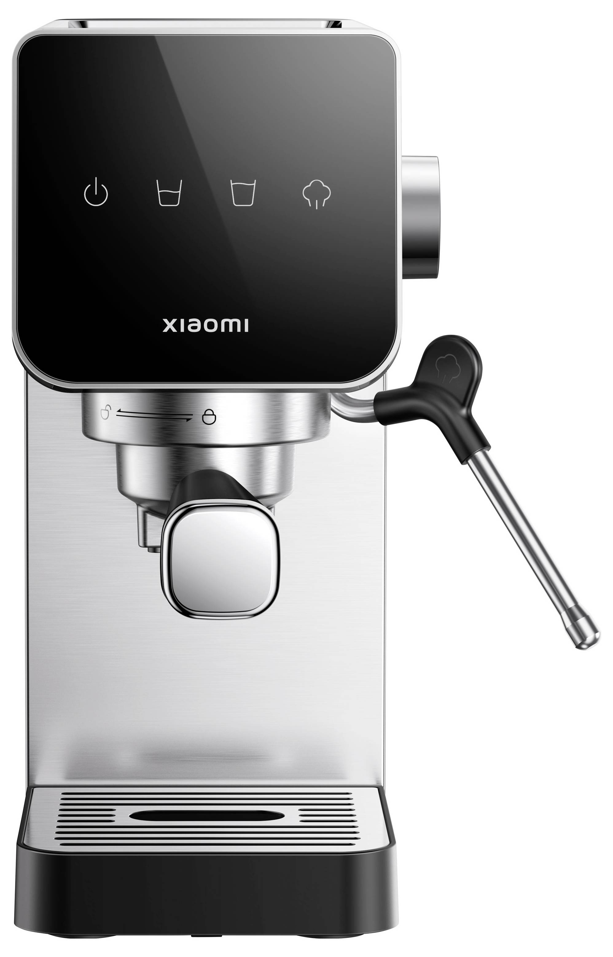 Vorderansicht einer Xiaomi-Espressomaschine mit Touchscreen-Bedienfeld, Dampflanze und Tropfschale.