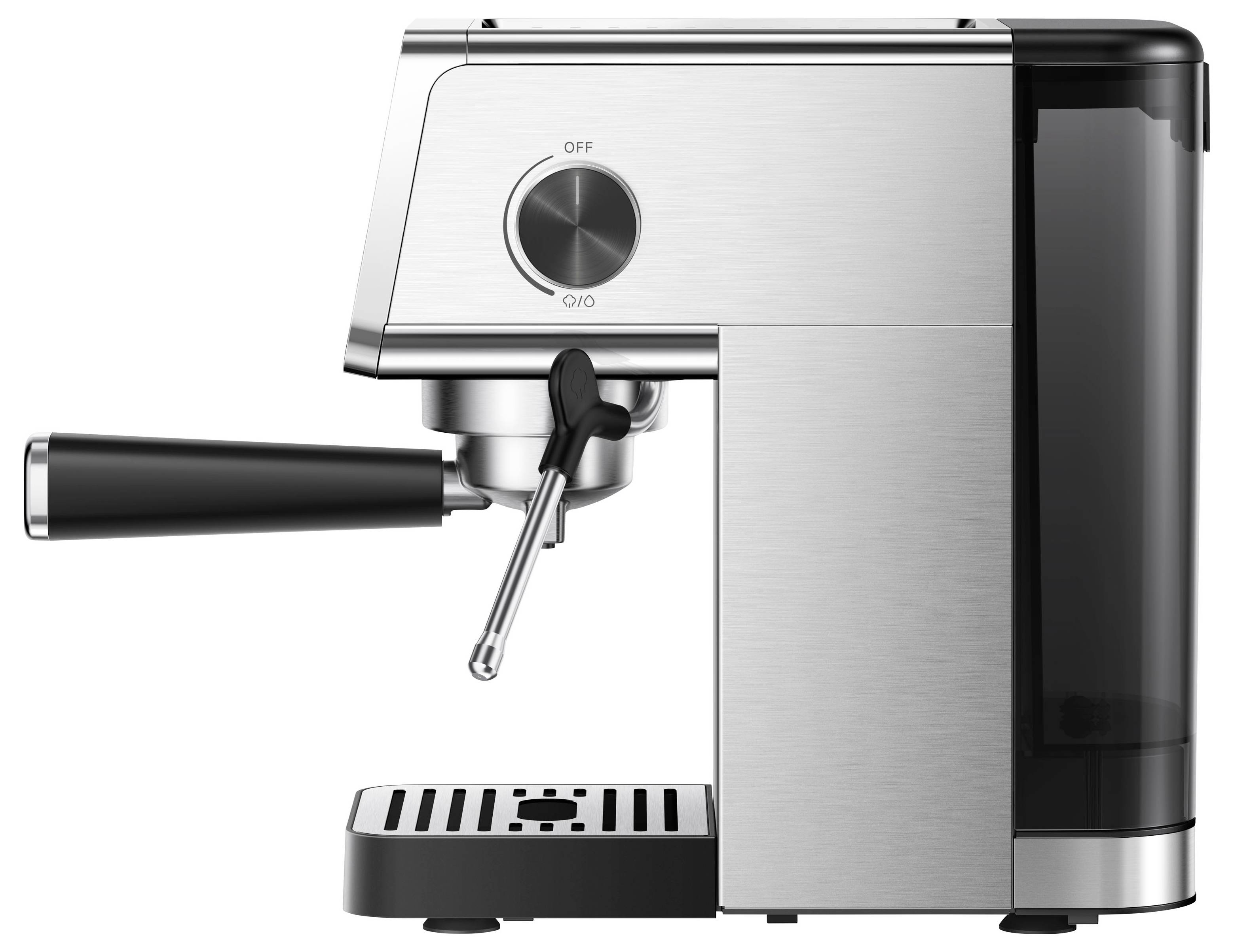 Espressomaschine aus Edelstahl mit Siebträger und Abtropfschale, in Seitenansicht auf weißem Hintergrund dargestellt.
