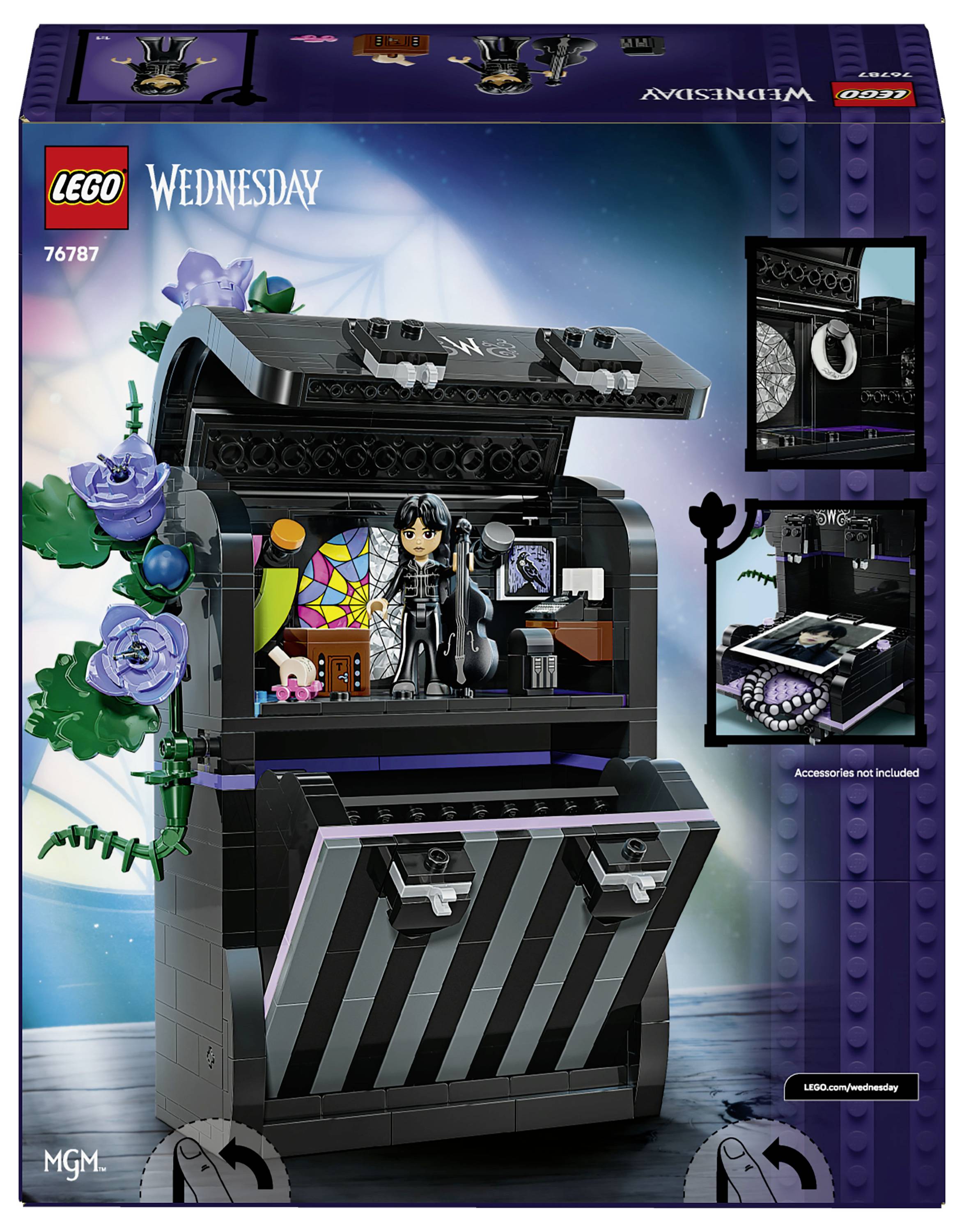LEGO Wednesday Satz-Schachtelcover mit schwarzem gestreiftem Sargspielset, Wednesday Addams Minifigur, Rosen und Nahaufnahmen von Zubehör.