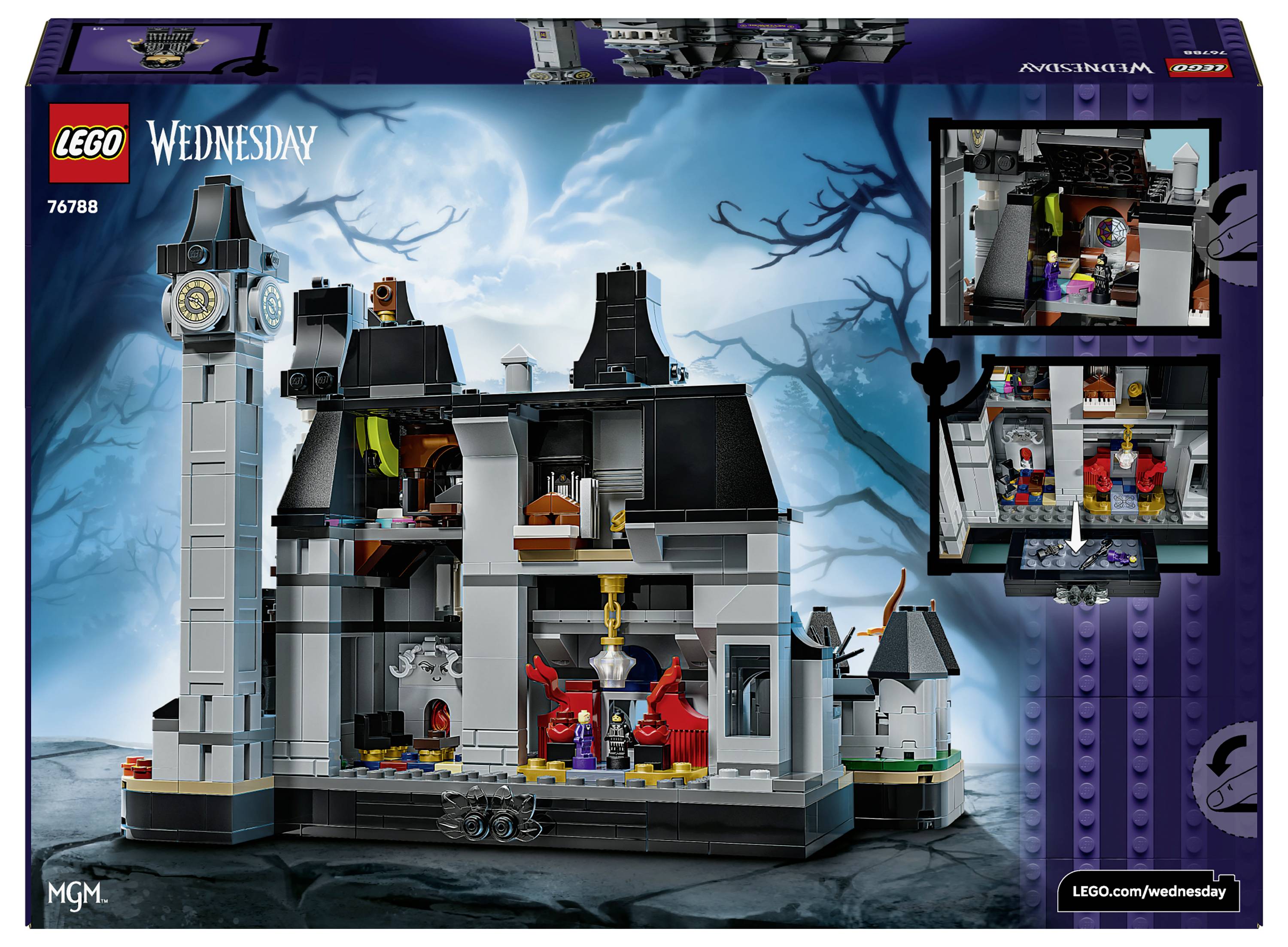 # LEGO Wednesday Set Box-KunstwerkDas Bild zeigt die Verpackungskunst eines LEGO Wednesday Sets mit einem gruseligen Spukhaus-Spielset mit einem Glockenturm und Innenszenen, mit eingefügten Ansichten von Räumen und Minifiguren.