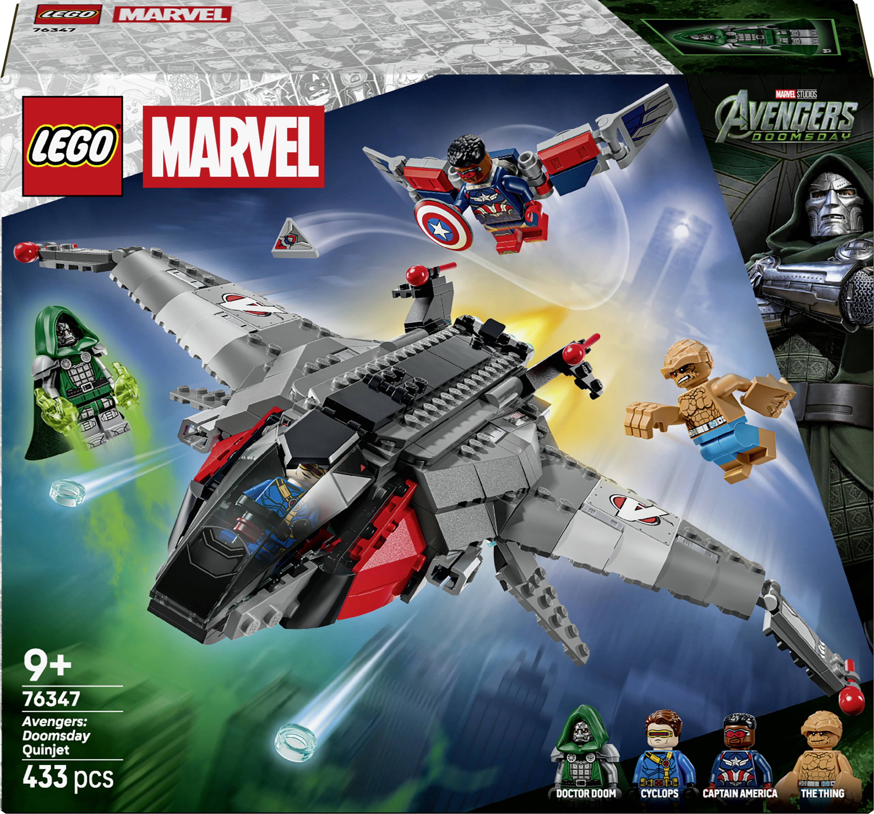 LEGO Marvel Avengers Quinjet Weltuntergang Schachtelbild mit dem Flugzeug, Captain America, Doktor Doom, Cyclops und The Thing; Set 76347, 433 Teile, ab 9 Jahren.