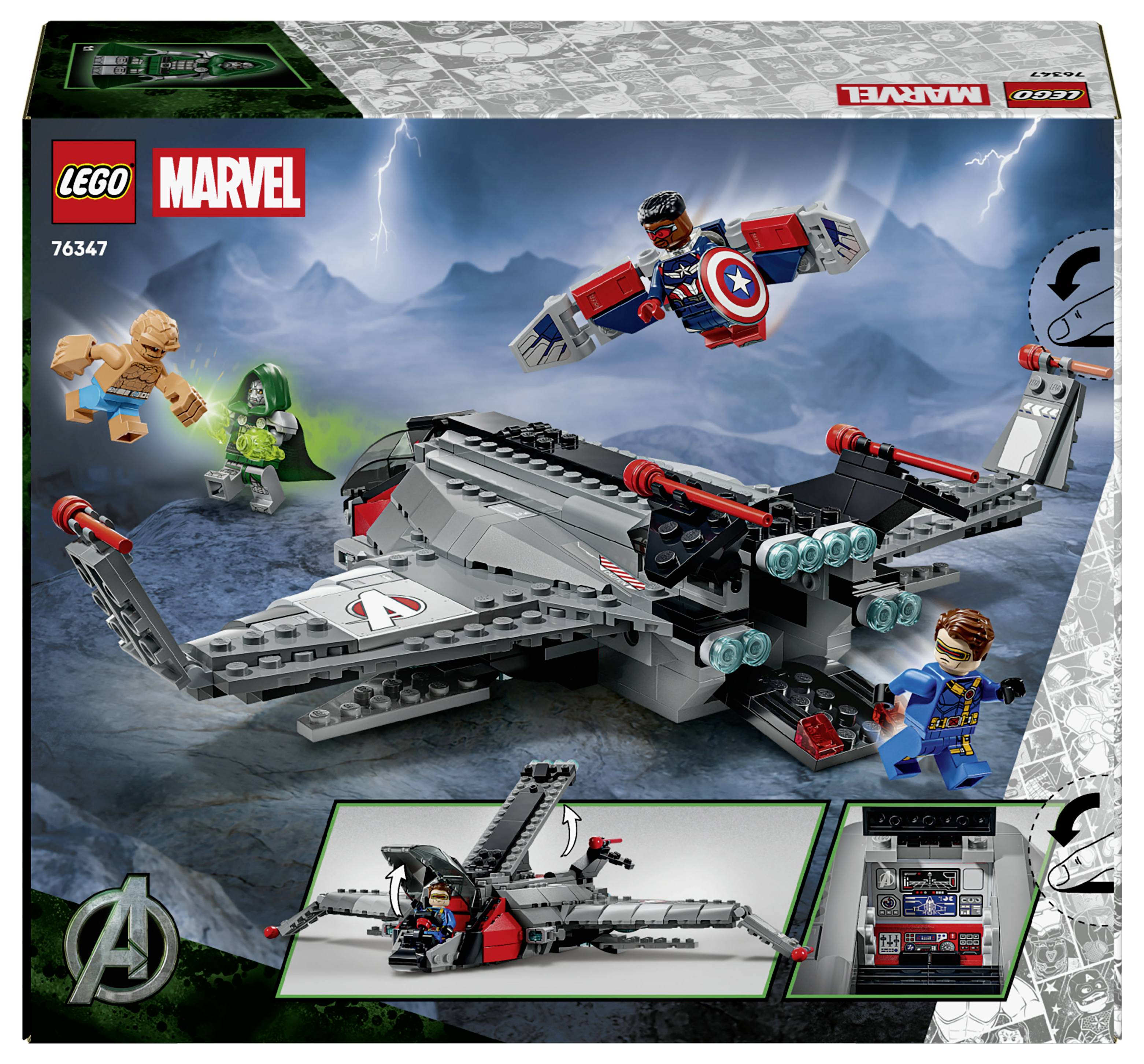 LEGO Marvel Avengers Quinjet-Spielset-Schachtel mit grauem Flugzeug, Captain America, Falcon, Wolverine und einem Piloten vor einem stürmischen Berghimmel.