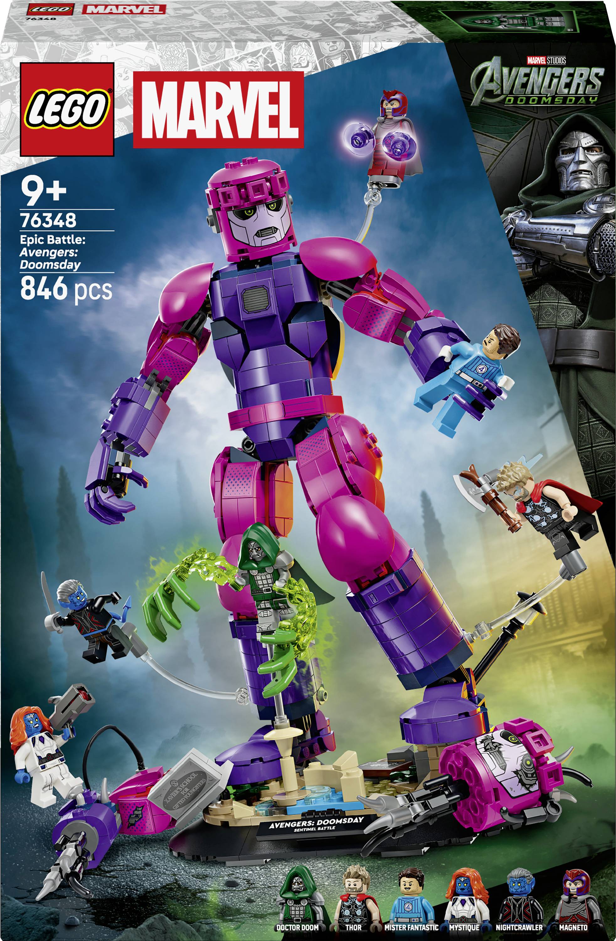 LEGO Marvel Avengers Kartonart mit einer riesigen violetten Ultron-Figur, die gegen mehrere Minifiguren kämpft; 846 Teile, ab 9 Jahren