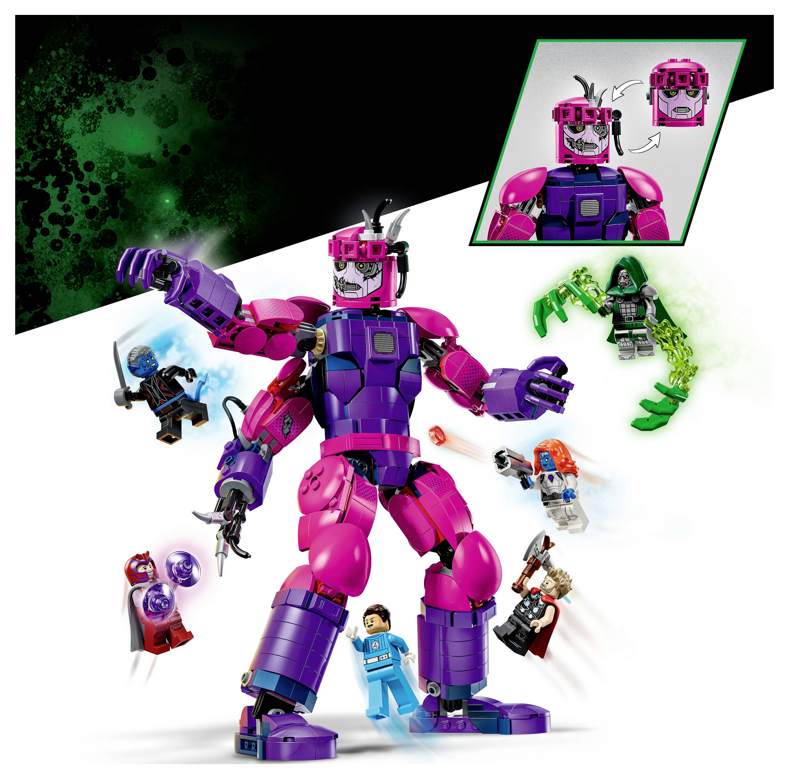 LEGO Marvel Kingpin riesige rosa und violette Schurken-Figur, umgeben von kleineren Minifiguren mit Aktionseffekten; Einsatz zeigt die Umwandlung des Kopfteils.