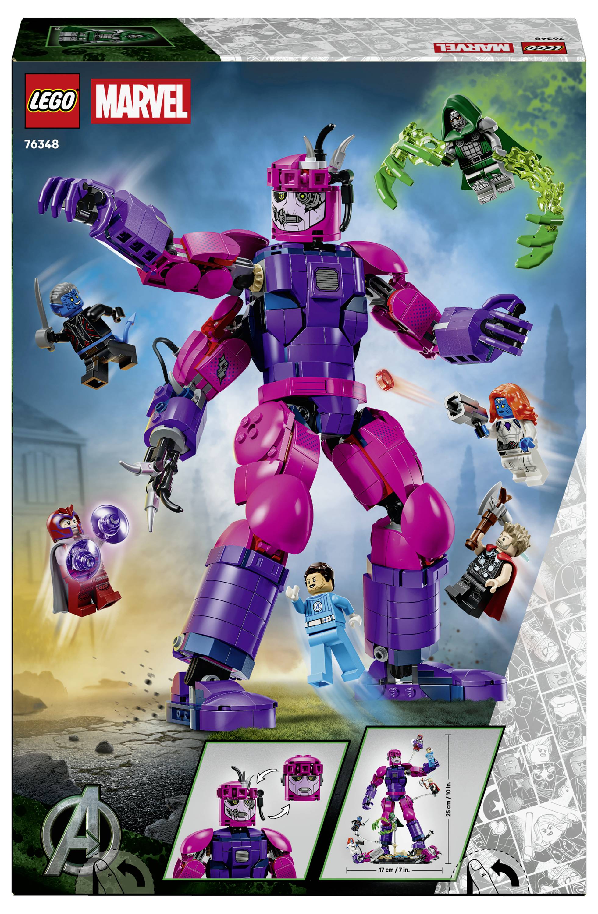 LEGO Marvel Schachtelkunstwerk mit einem riesigen rosa-violetten Mecha und kleineren Superhelden-Minifiguren, die herumschweben, mit der Bezeichnung Set 76348.