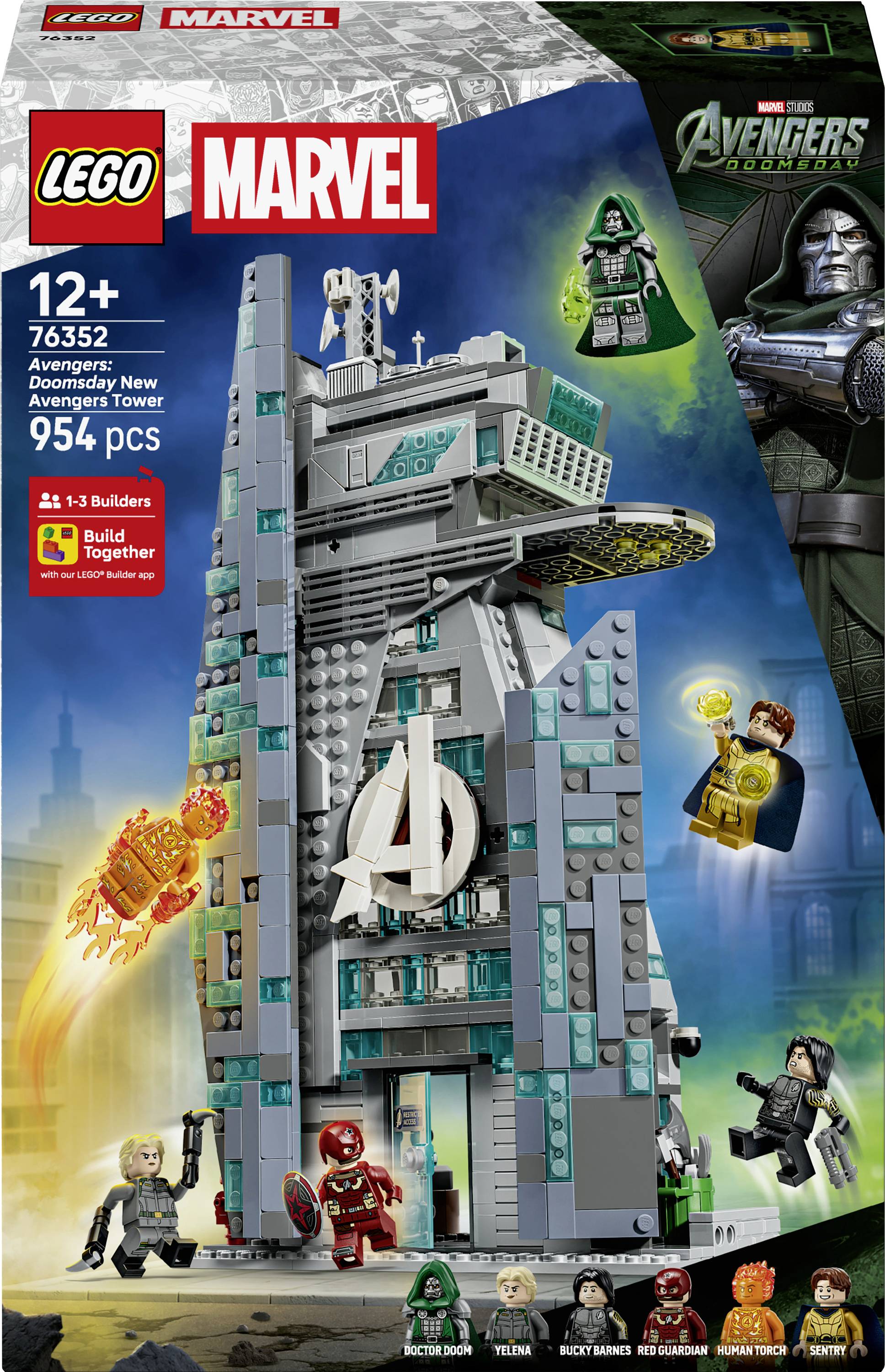 LEGO Marvel Avengers 'Adventures' Set-Verpackung mit Avengers Tower und Minifiguren; ab 12 Jahren, 76352, 954 Teile.