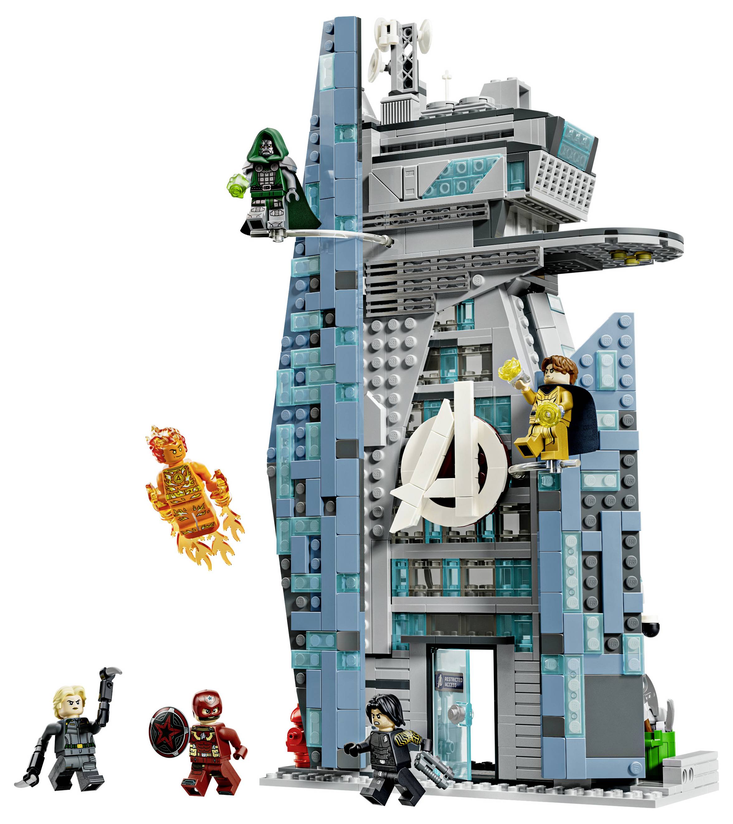 LEGO Avengers Tower Spielset mit mehreren Minifiguren, die um einen hohen blaugrauen Turm und das Avengers-Logo positioniert sind.