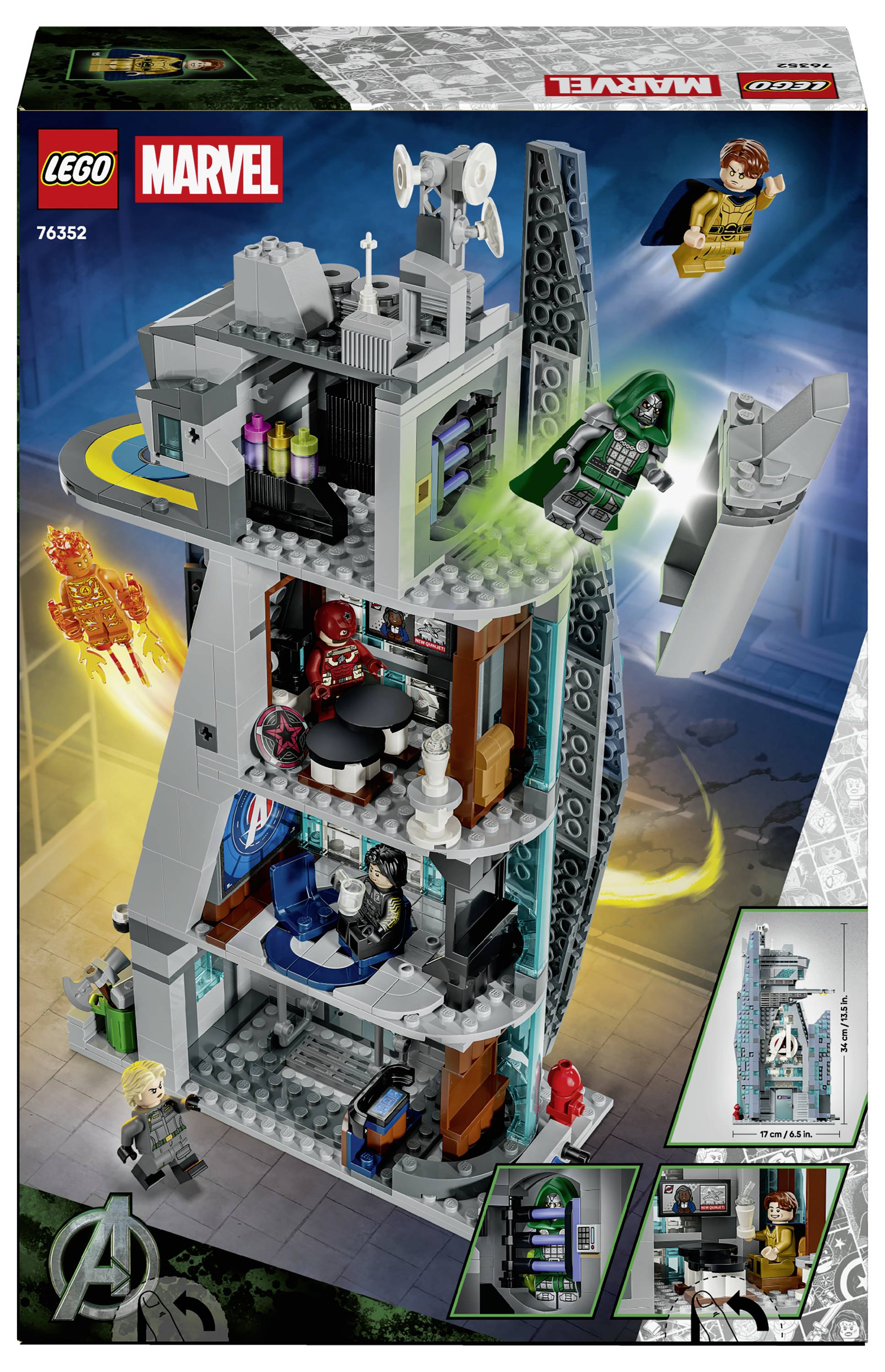 LEGO Marvel Set 76352 Schachtelgrafik zeigt einen mehrstöckigen Avengers-Turm mit Minifiguren und Actionszenen, einschließlich Iron Man, Captain America und Hulk.