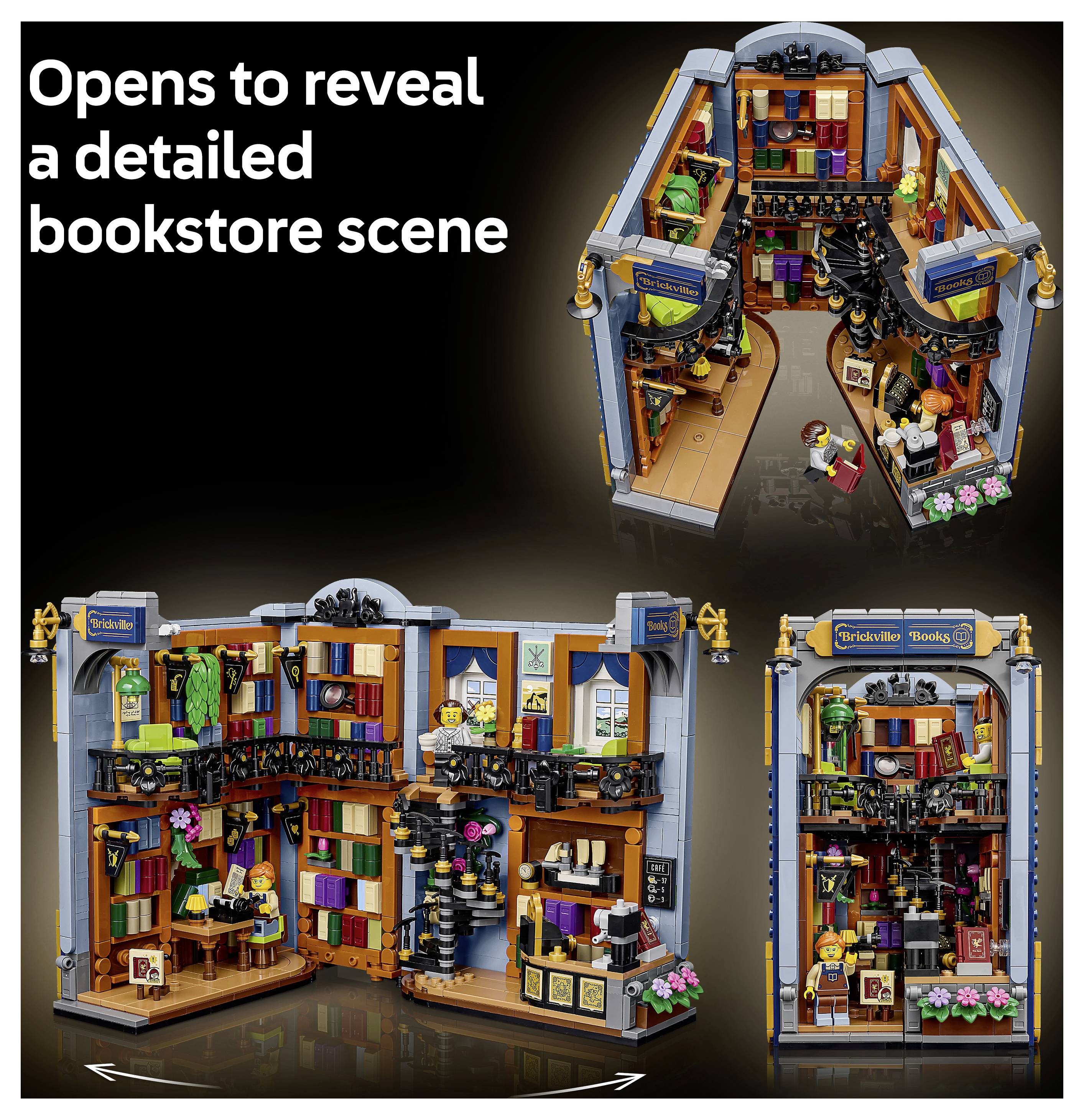 6588527 LEGO® ICONS™ Buchladen: Buchstütze; Zimmerdeko für die Hausbibliothek oder fürs Lesezimmer; Bauset mit Minifiguren für