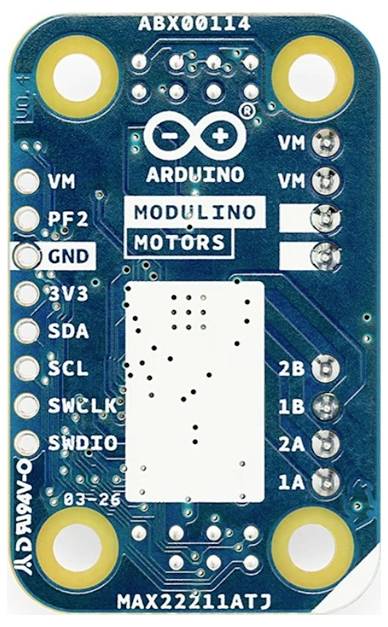 Arduino Moduino Motors-Modulschaltkreis mit der Bezeichnung „ABX00114" und „MAX22211ATJ", mit VM, GND, 3V3, SDA, SCL, SWCLK, SWDIO und Motoranschlüssen 1A-2B.