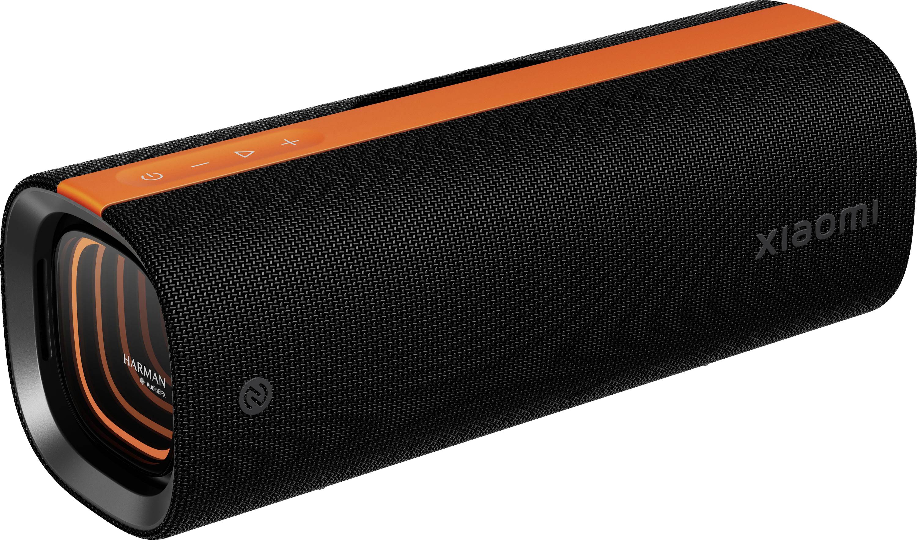 Schwarzer zylindrischer tragbarer Bluetooth-Lautsprecher von Xiaomi mit orangefarbenen Akzenten oben und sichtbarem Lautsprechergitter