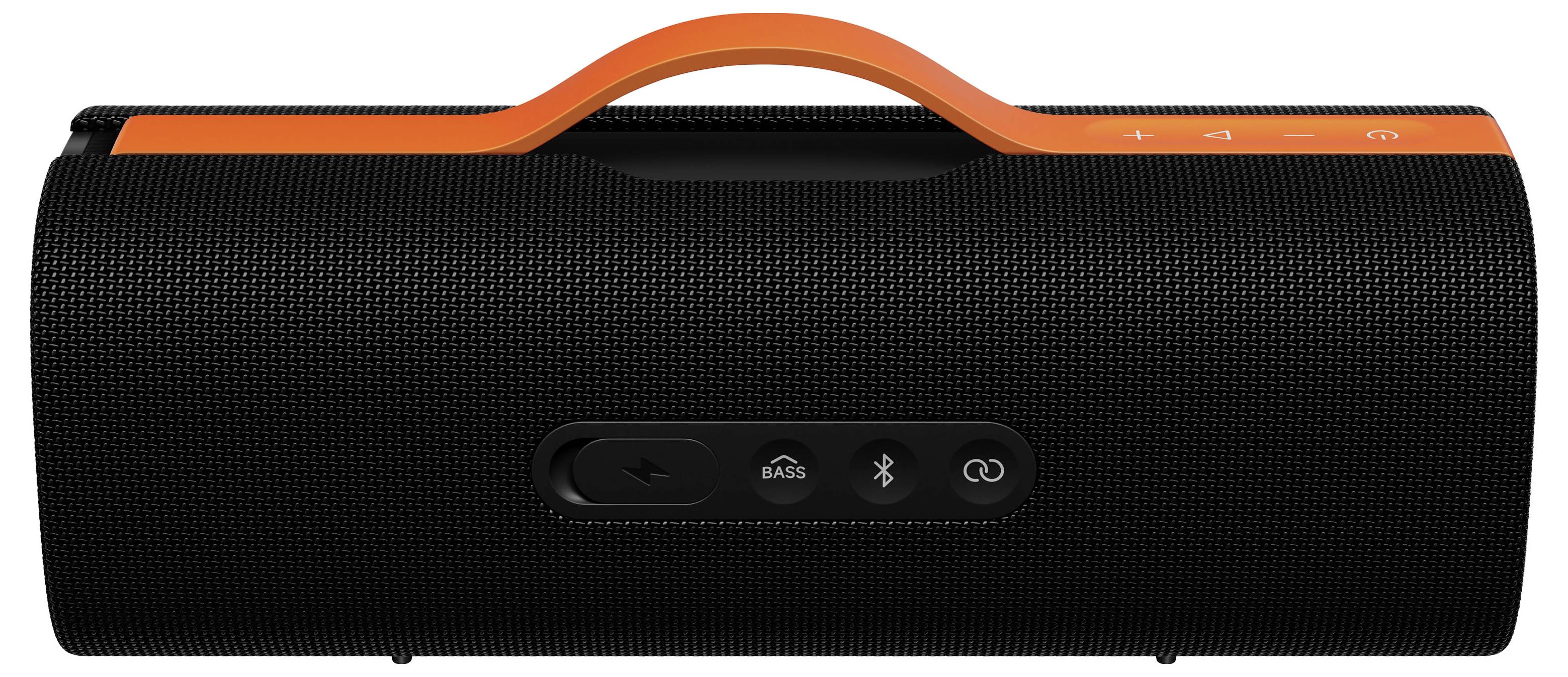 Tragbarer schwarzer Bluetooth-Lautsprecher mit orangefarbenem Tragehenkel und Steuertasten auf der Oberseite.