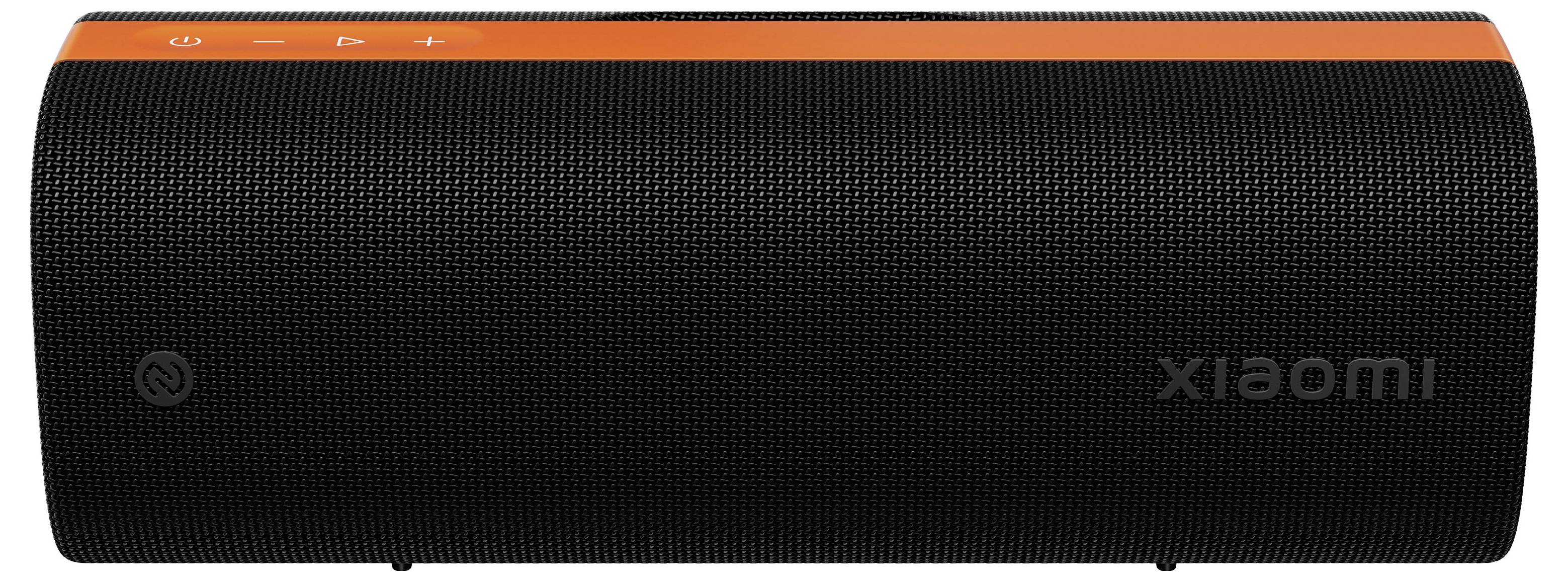 Schwarzer tragbarer Xiaomi-Bluetooth-Lautsprecher mit orangefarbener Oberseite und strukturiertem Frontgitter, in Frontalansicht dargestellt.