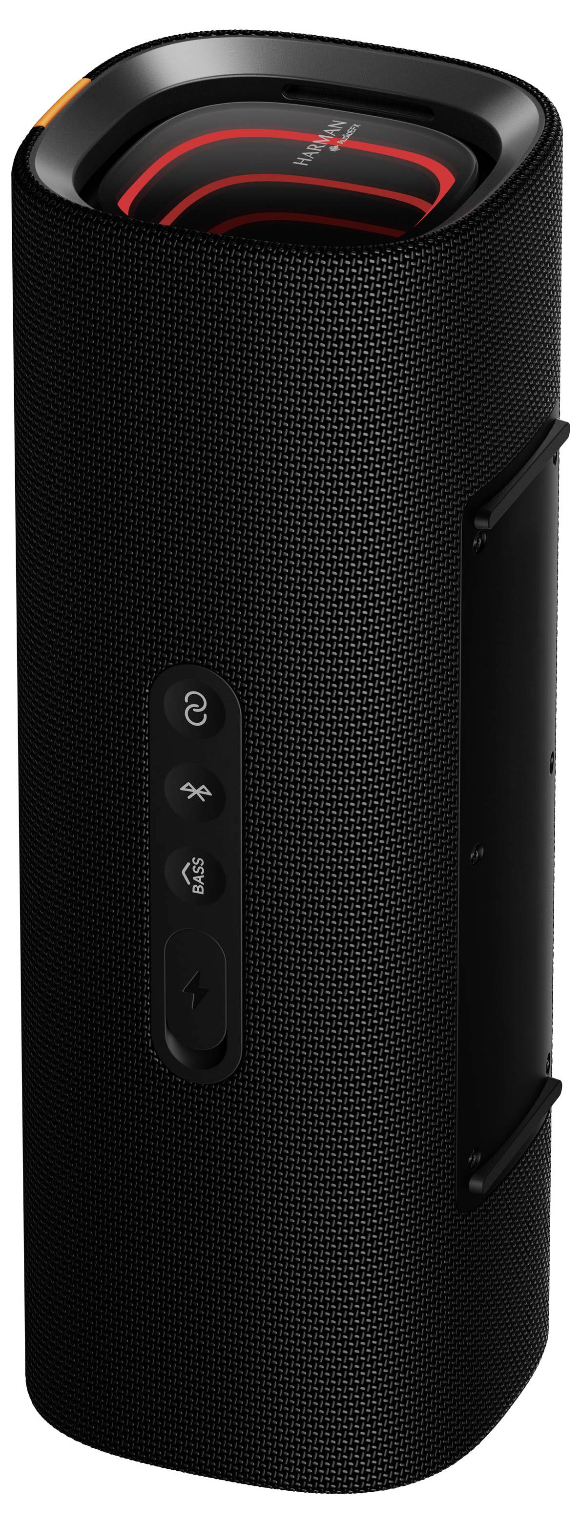 Tragbarer schwarzer zylindrischer Bluetooth-Lautsprecher mit rot beleuchteten oberen Akzenten und Bedienungsschaltflächen an der Vorderseite.