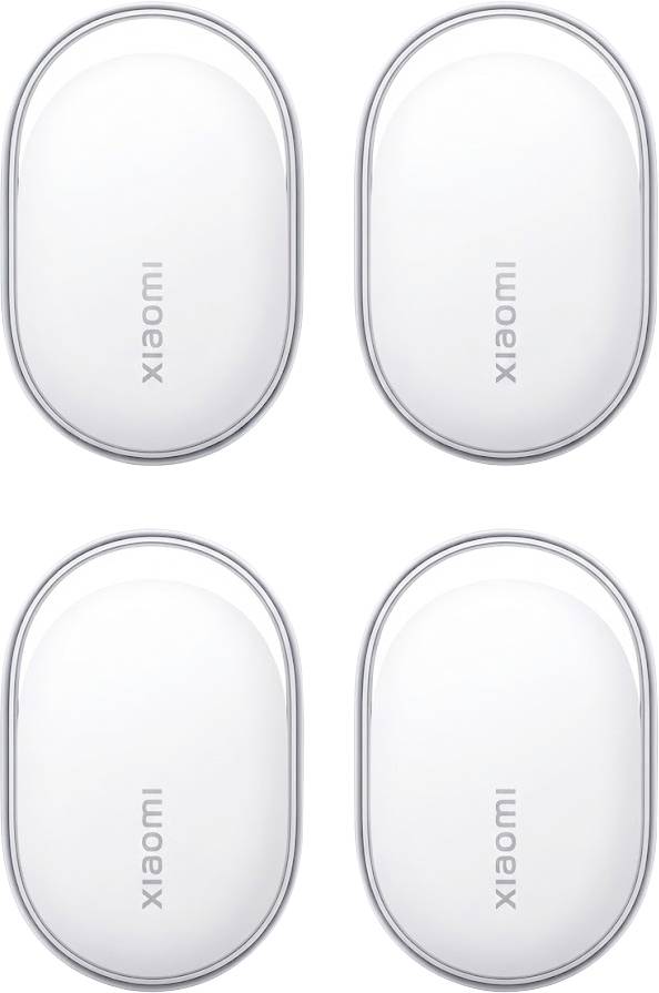 Vier weiße ovale Xiaomi-Geräte in einer 2x2-Anordnung auf einem schlichten Hintergrund.