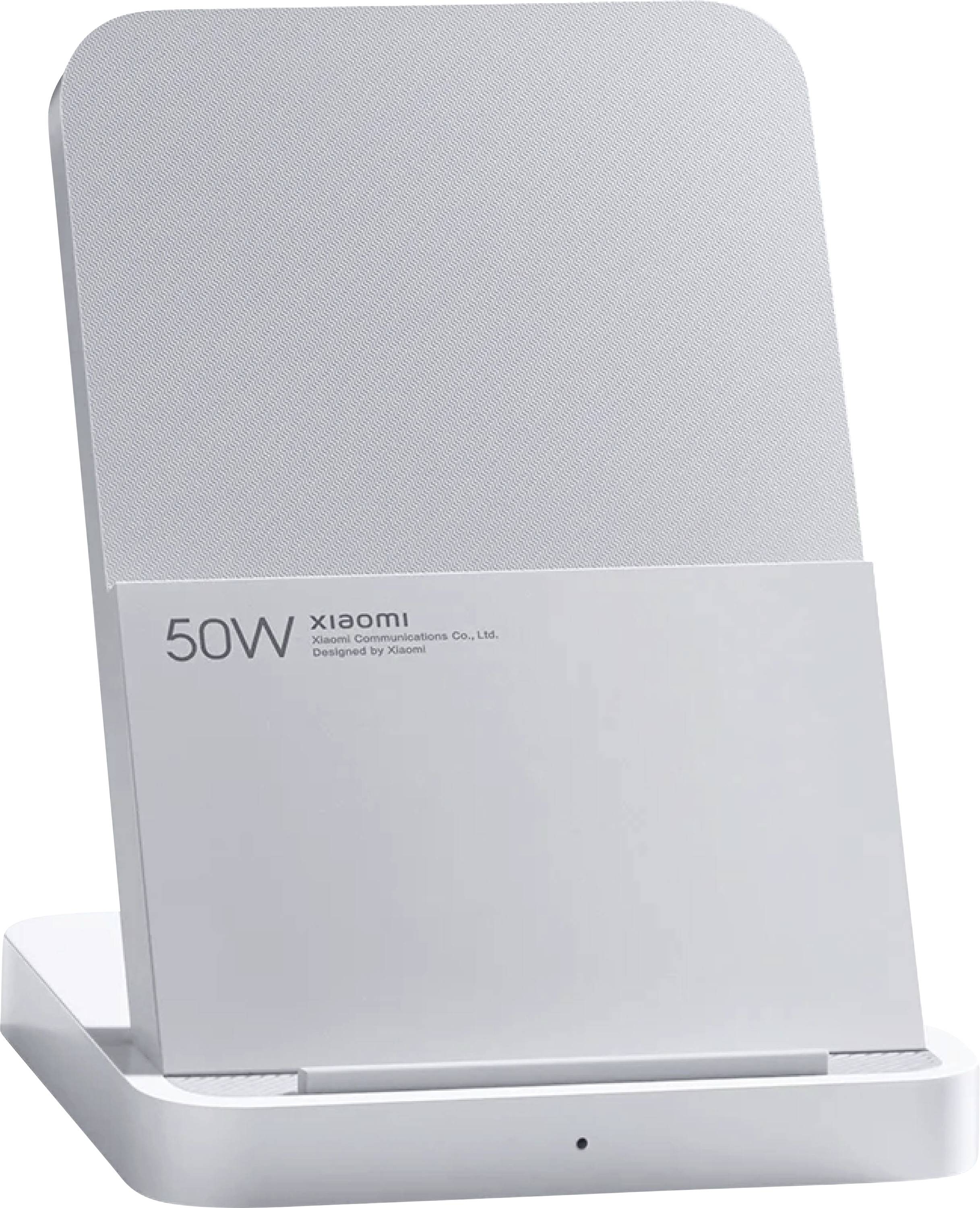 Weiße Xiaomi 50W-Ladestation mit abgerundetem rechteckigem Rückenlehne und vorderem Schlitz, zeigt 