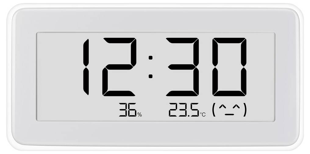 Digitale Wanduhr zeigt 12:30, 36% Luftfeuchtigkeit, 23,5°C und ein Smiley-Gesicht-Symbol an.