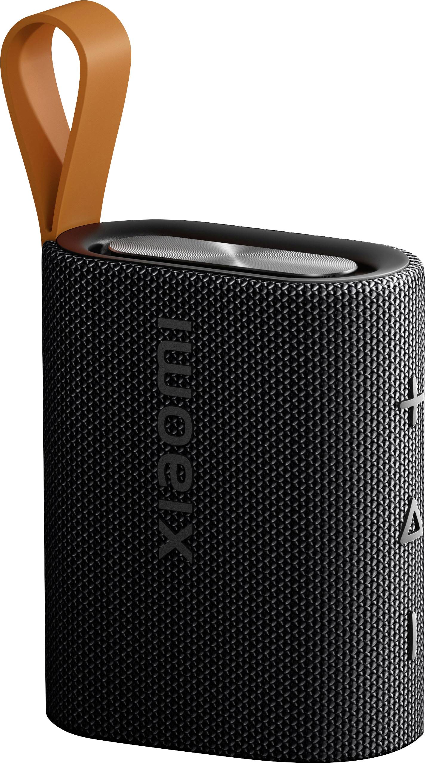 Schwarzer zylindrischer tragbarer Xiaomi-Bluetooth-Lautsprecher mit orangefarbener Aufhängeschlaufe und Bedientasten oben, gezeigt vor weißem Hintergrund.